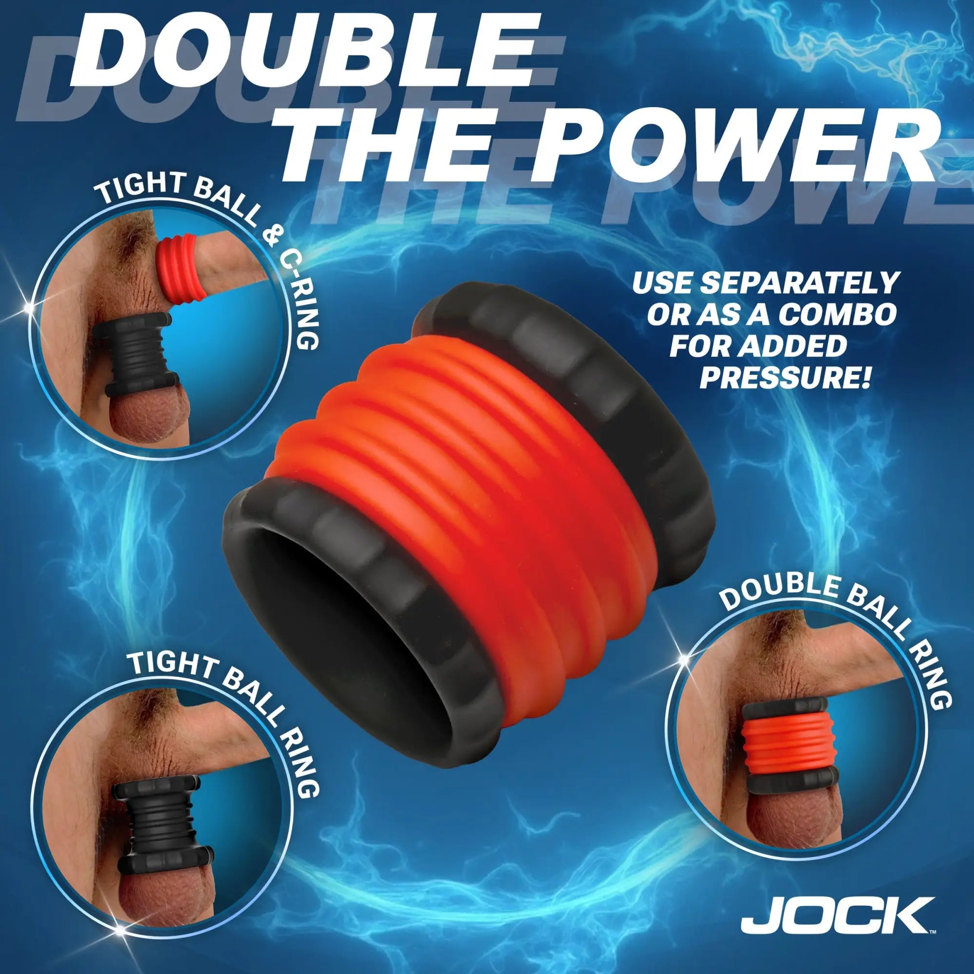 Curve Toys 2-in-1 silicone cock and ball rings in orange and black, shown in various configurations on a blue background.