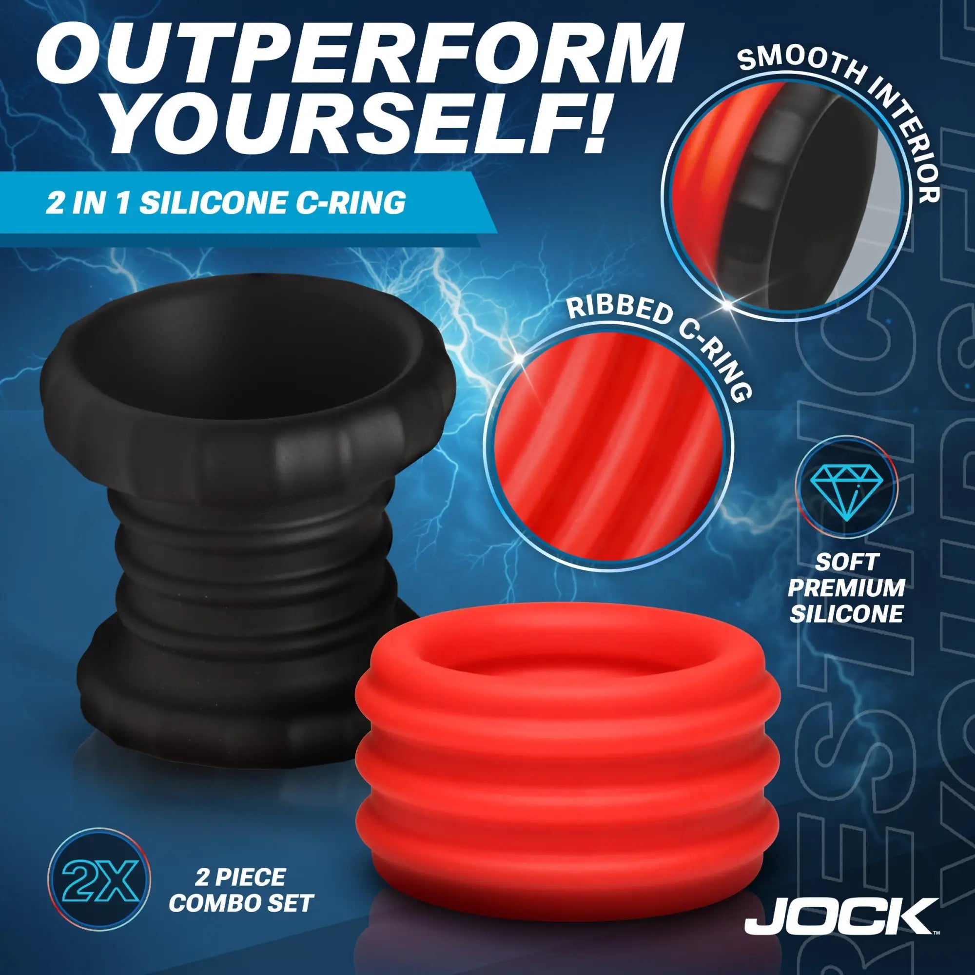 Curve Toys 2-in-1 Silicone Cock Ring set featuring one black and one red ribbed silicone ring on a blue background.