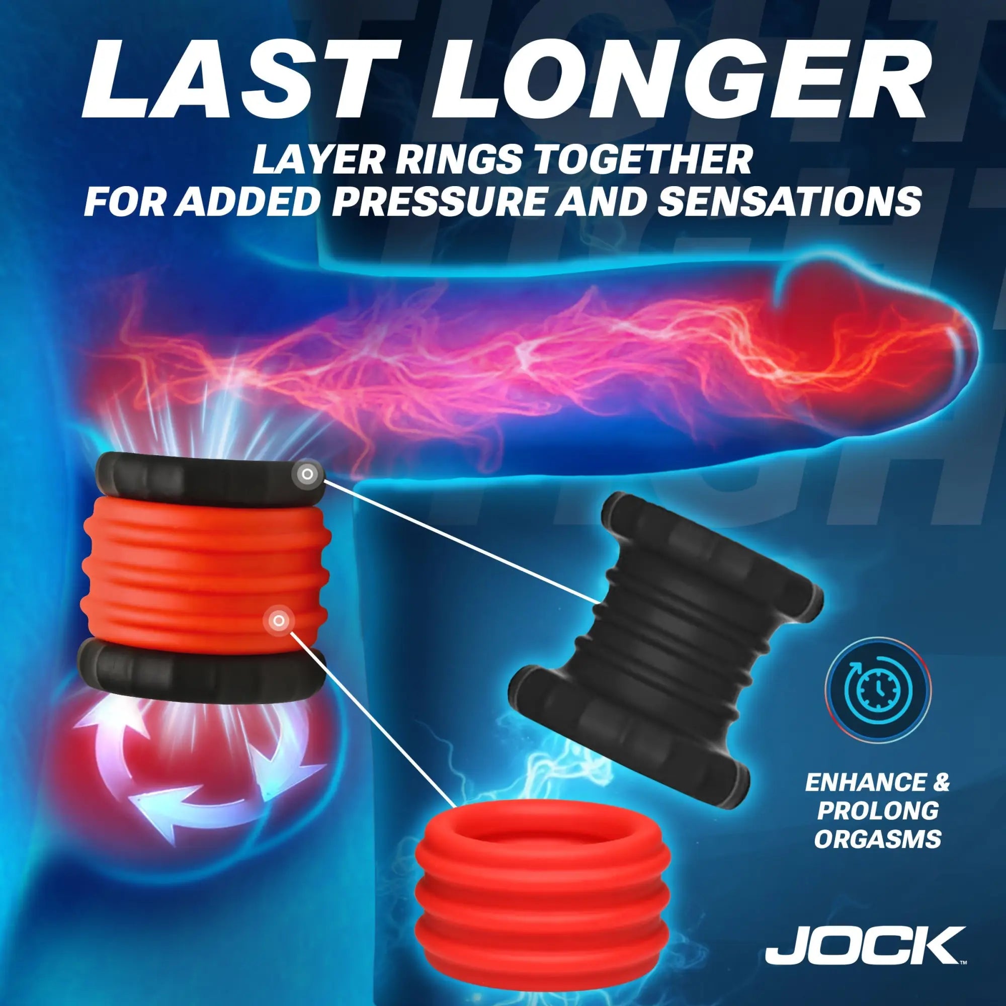 Curve Toys 2-in-1 silicone cock rings in black and red, shown stacked and separate on an illustrative background.