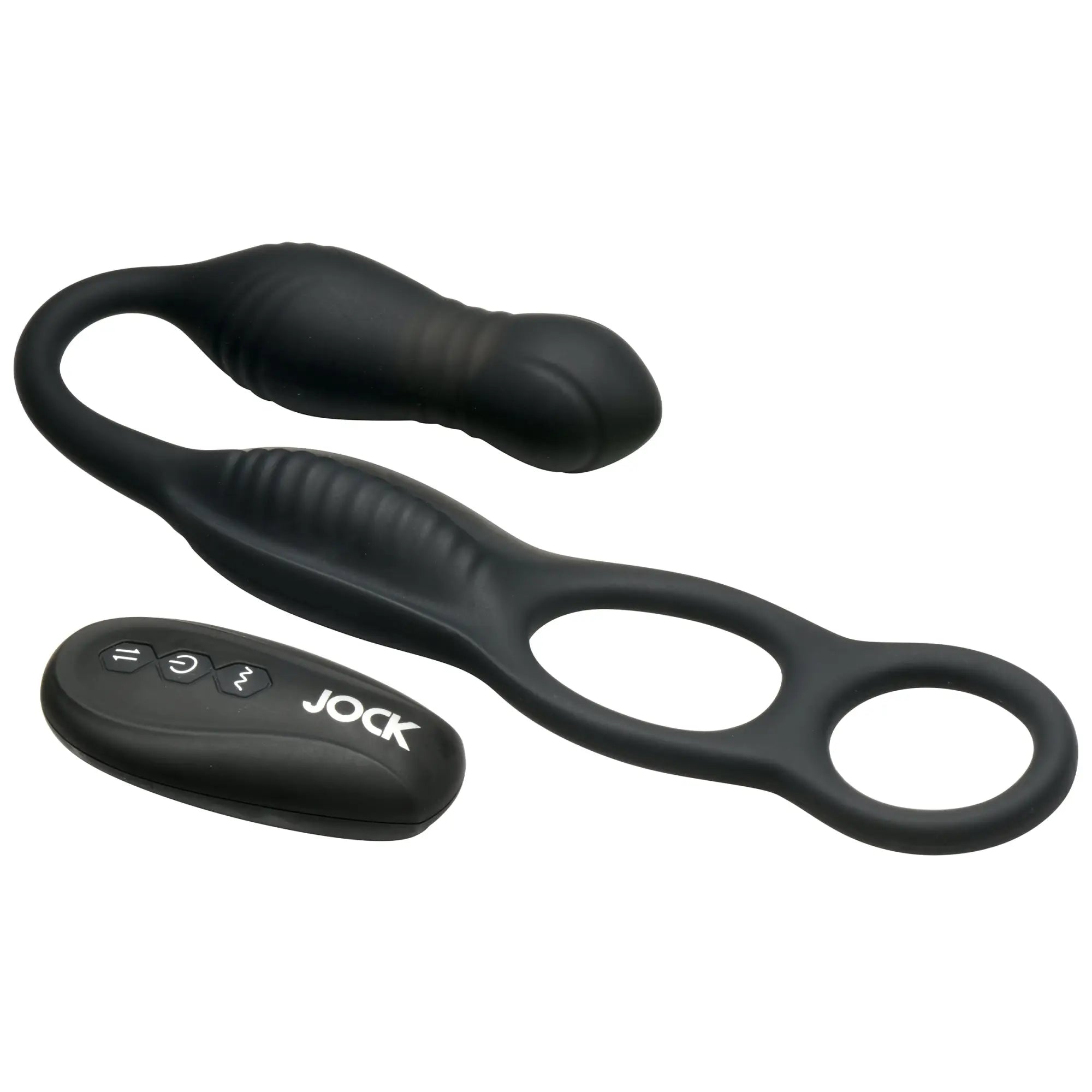 Black Curve Toys thrusting anal plug with connected cock rings, accompanied by a matching wireless remote controller.