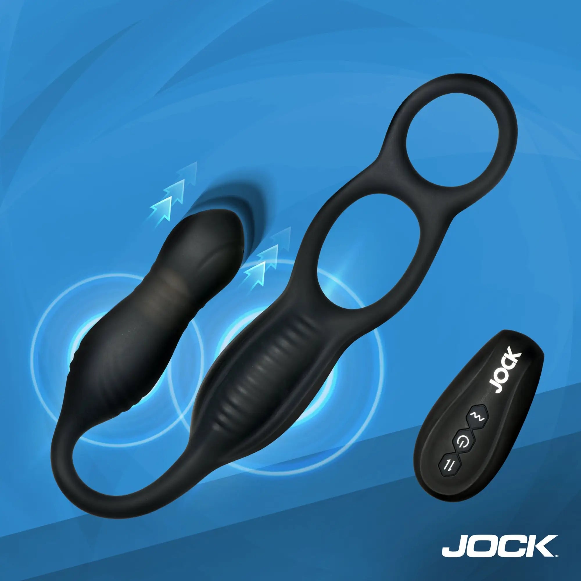 Black Curve Toys hyper-thrusting anal plug with dual cock rings and a matching wireless remote controller.