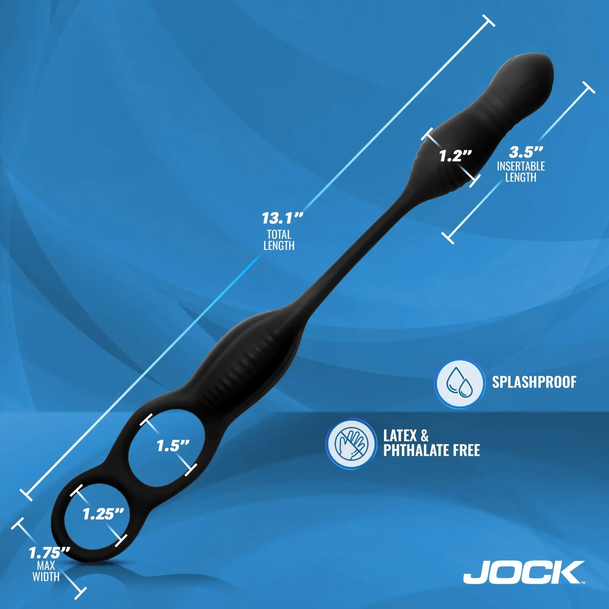 Black Curve Toys hyper thrusting anal plug and cock ring with labeled dimensions on a blue background.
