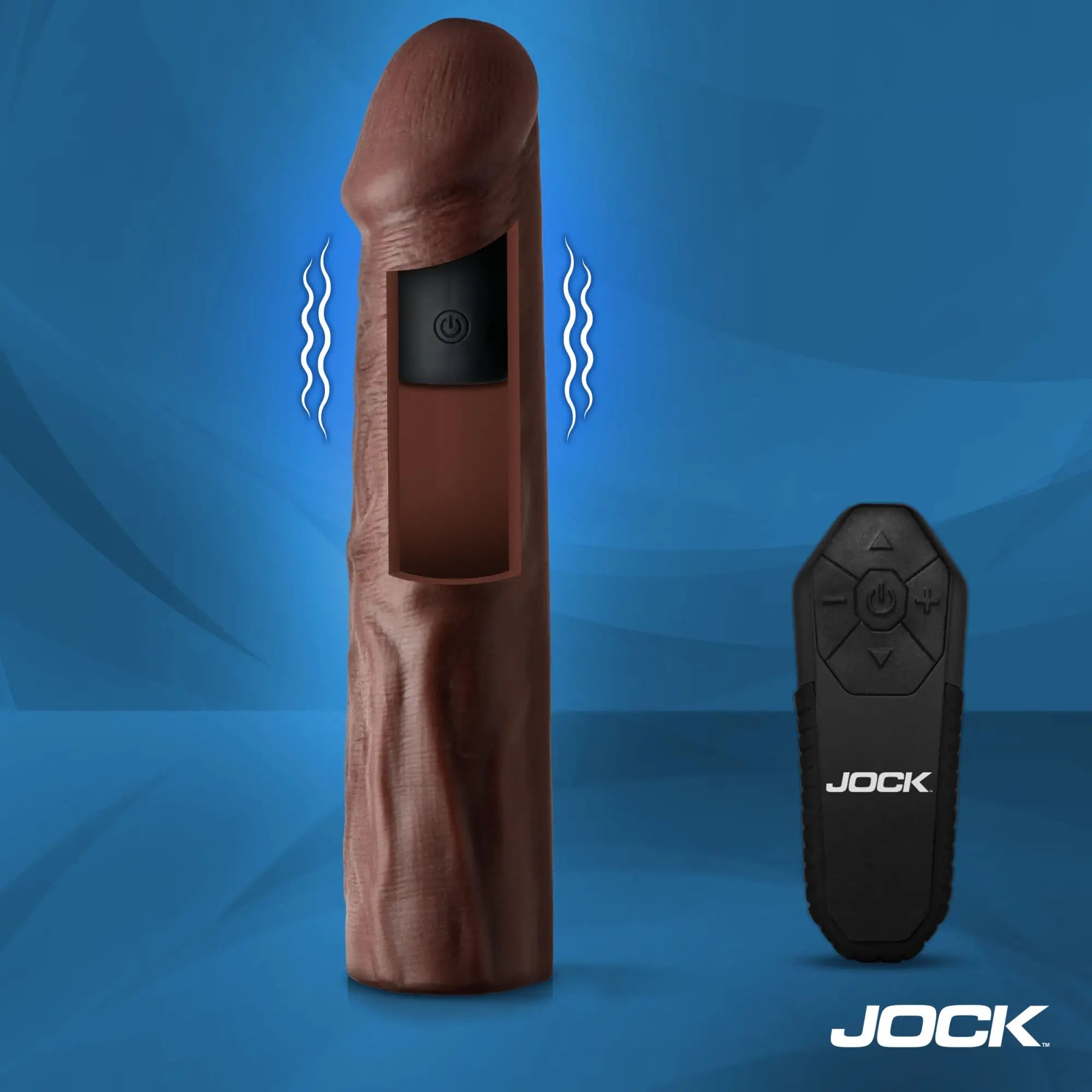 Curve Toys realistic brown penis extension with remote control, featuring a vibrating motor design on a blue background.