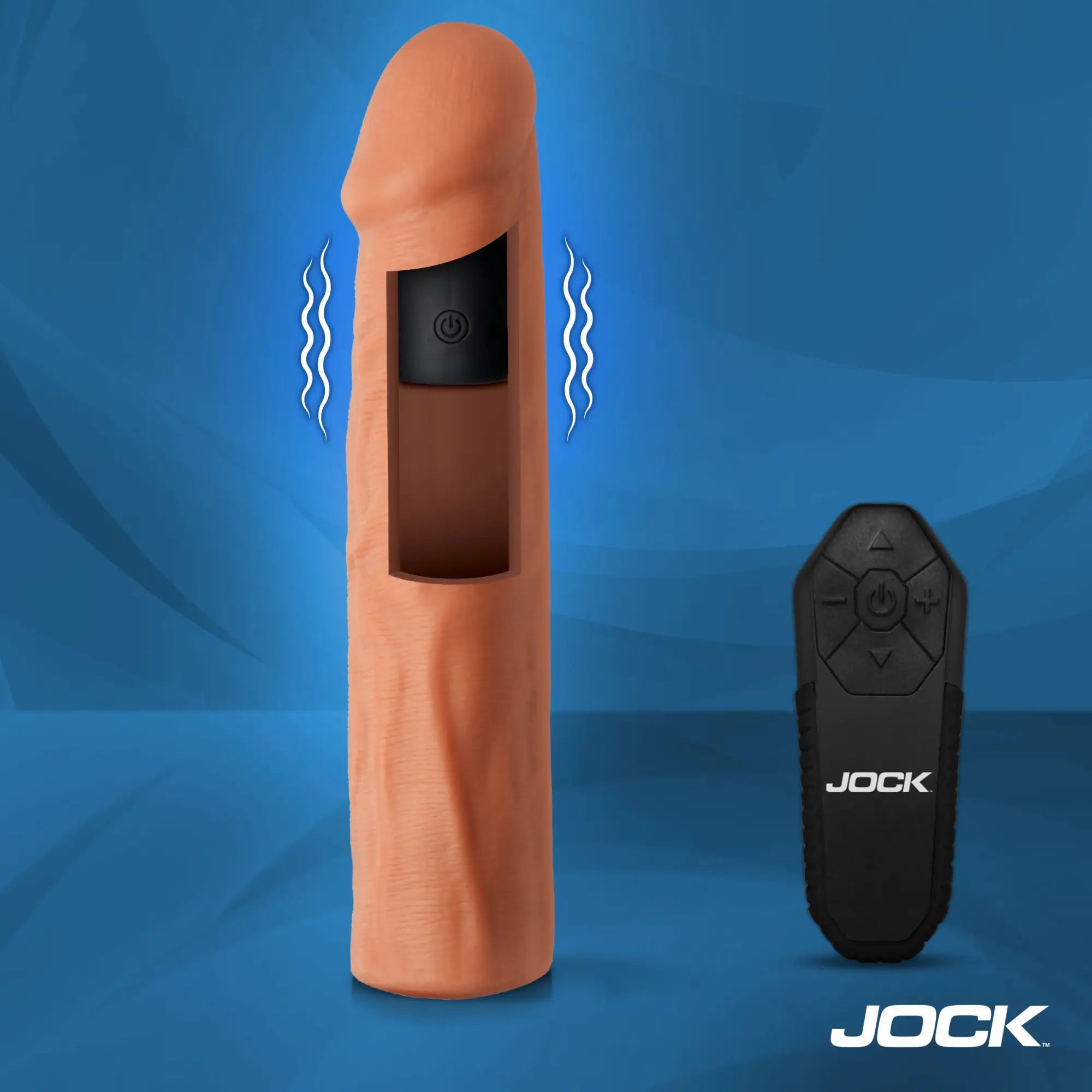 Curve Toys 1.5" realistic tan penis extension with a black vibrating insert and matching handheld remote control.