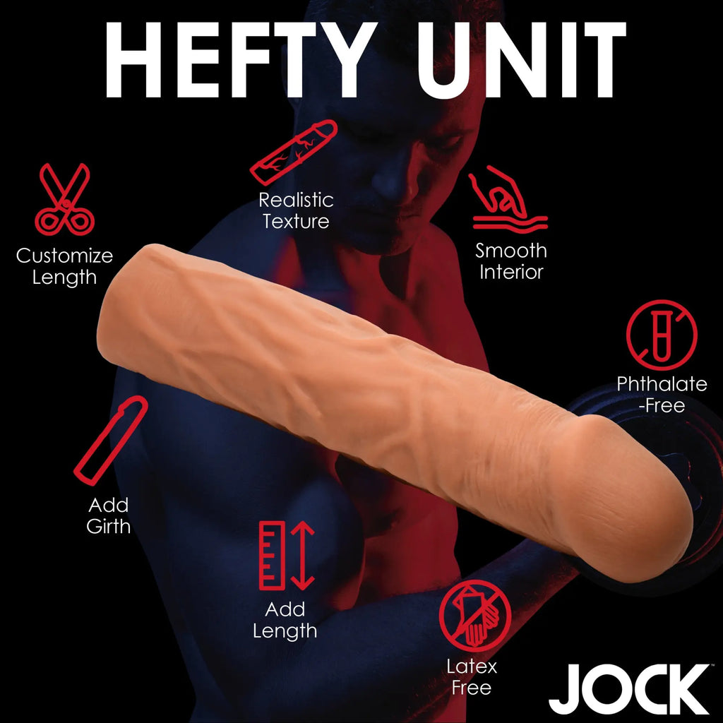 Curve Toys 1.5-inch penis extension in tan, showing realistic texture and feature icons against a dark background.