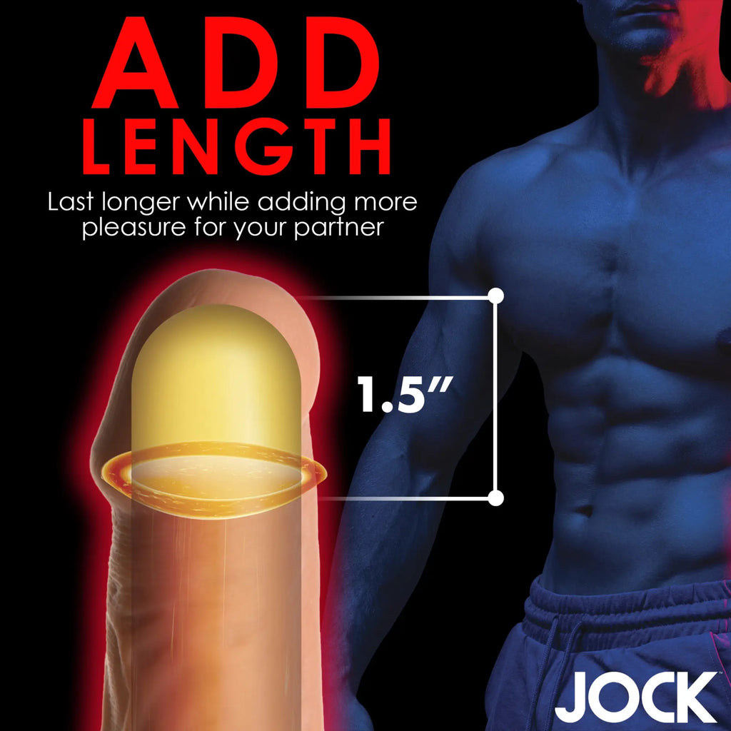 Curve Toys 1.5-inch translucent gold penis extension shown on a phallus, next to a muscular man in a dark background.