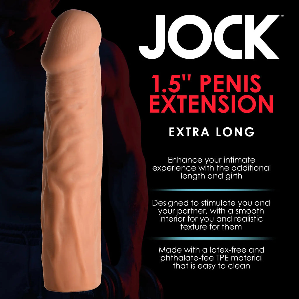 Curve Toys 1.5" Penis Extension: A realistic, skin-toned, extra-long enhancement sleeve against a black background.
