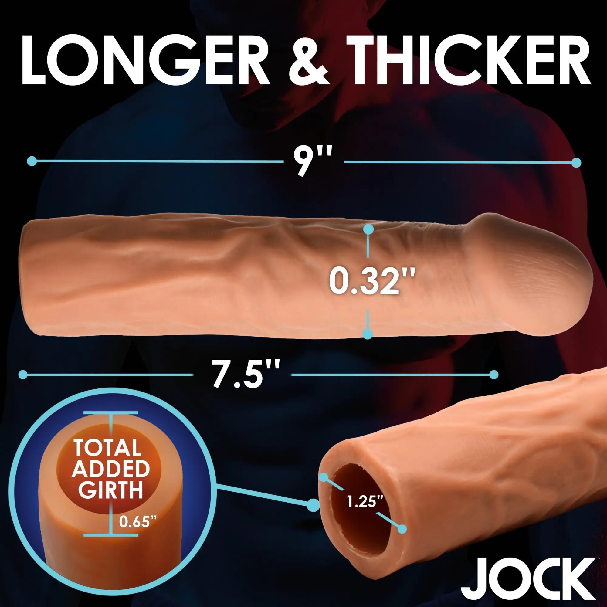 Curve Toys 1.5-inch flesh-toned silicone penis extension, showing dimensions and girth with a black background.