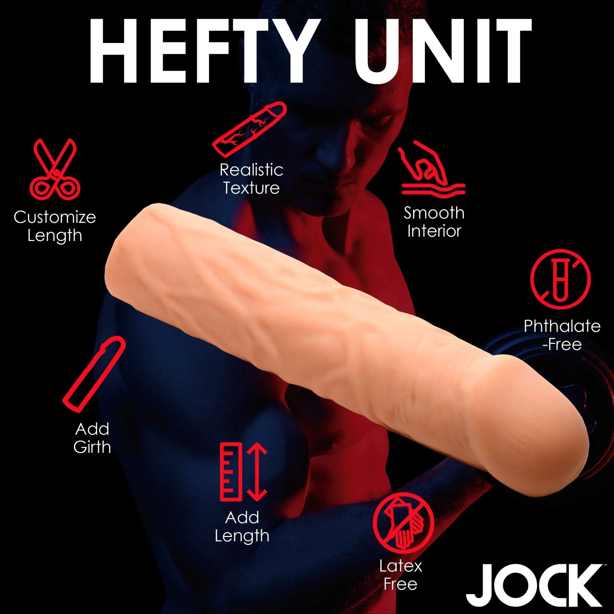 Curve Toys 3-inch beige penis extension with realistic texture, shown with infographic icons on a dark background.