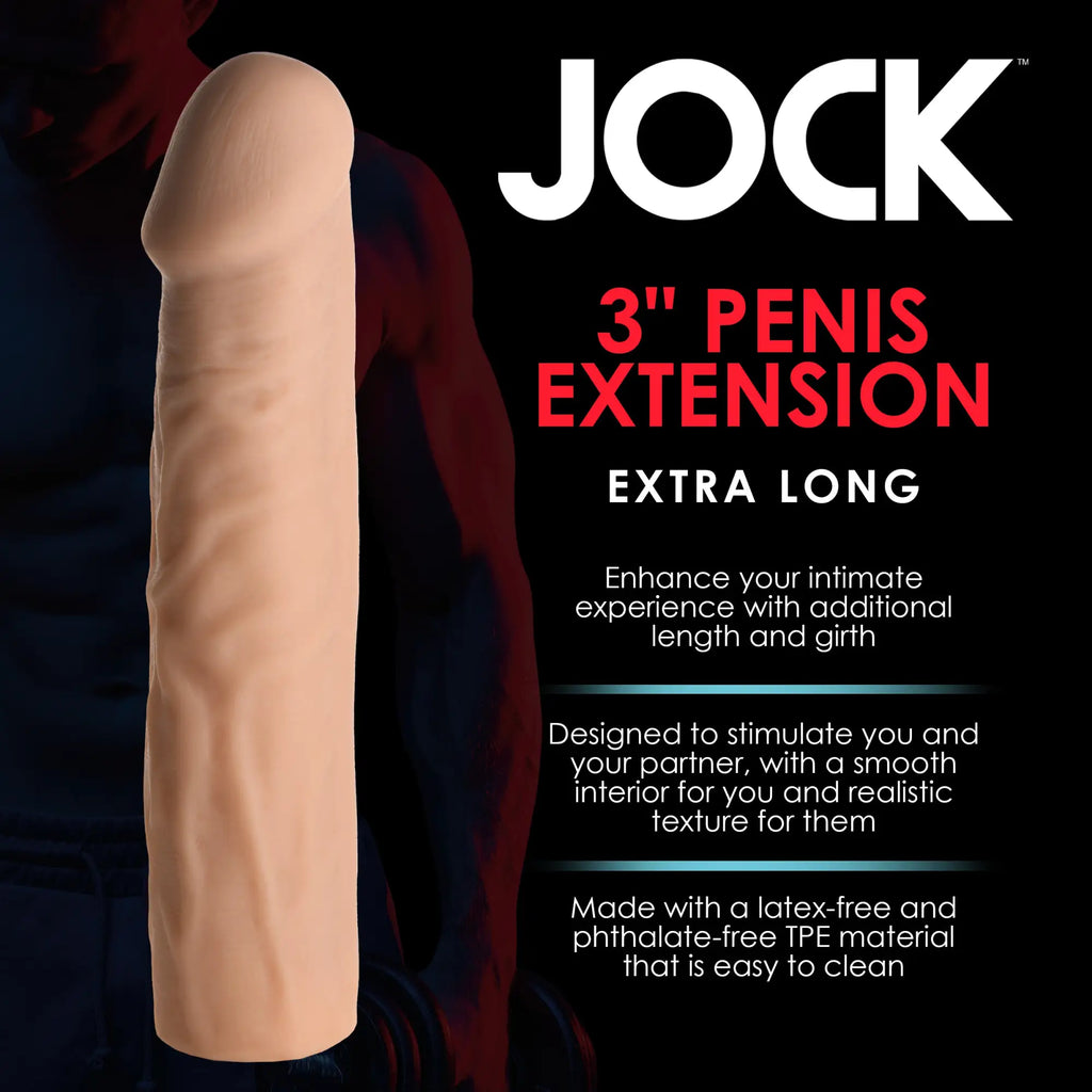 Curve Toys 3-inch beige, realistic textured penis extension against a black background with product details.