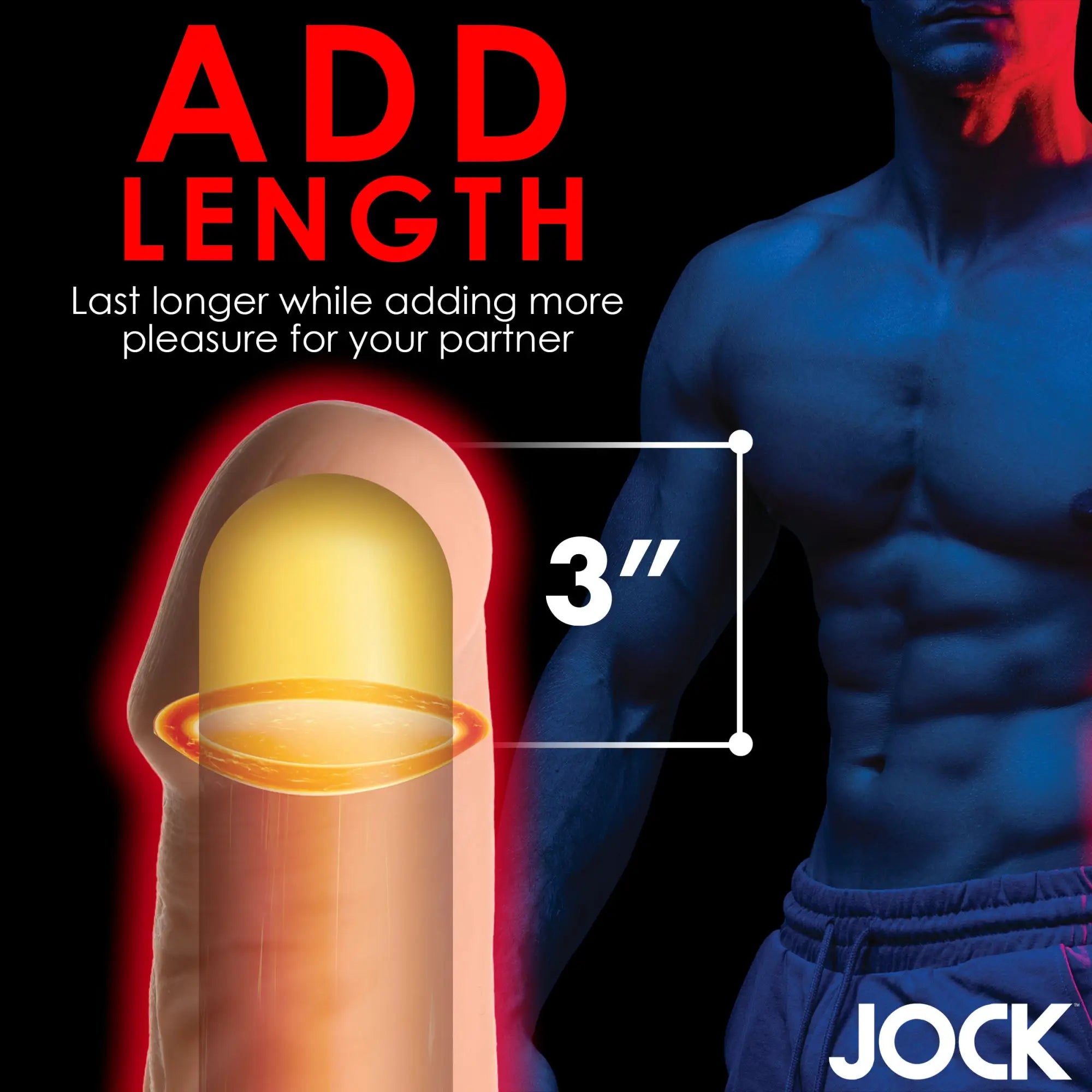 Curve Toys 3-inch penis extension shown as a translucent, golden, rounded cap on a skin-toned shaft next to a torso.