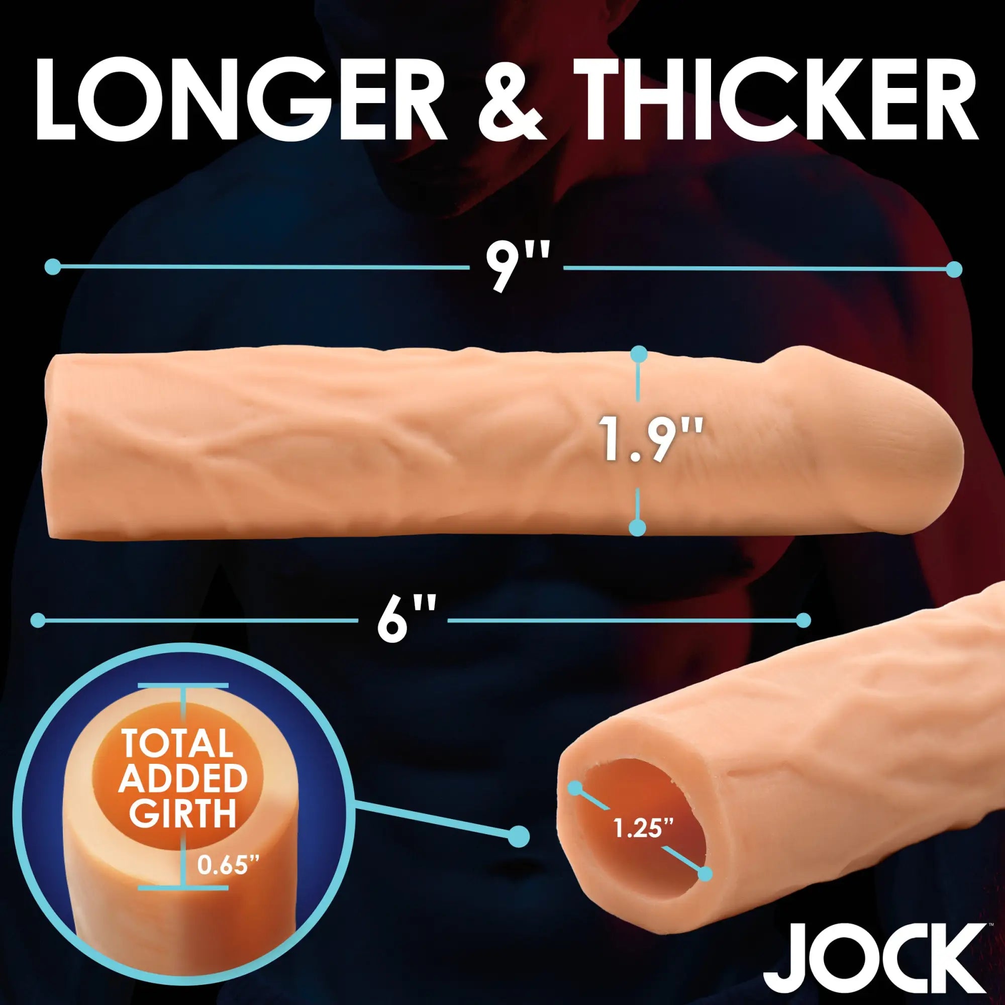 Curve Toys 3-inch penis extension in tan silicone with realistic vein detail, showing length and girth dimensions.