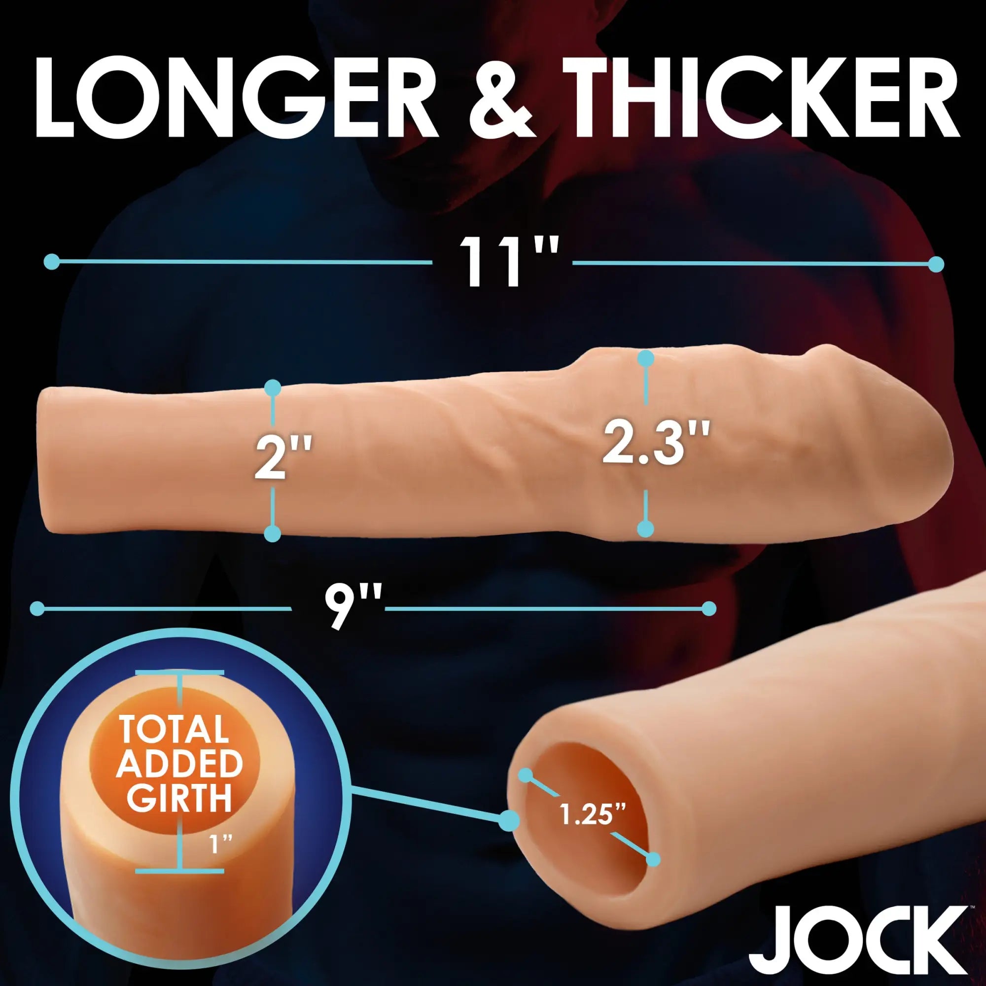 Curve Toys Extra Thick 2-Inch Penis Extension in tan silicone, showing dimensions, internal diameter, and added girth.