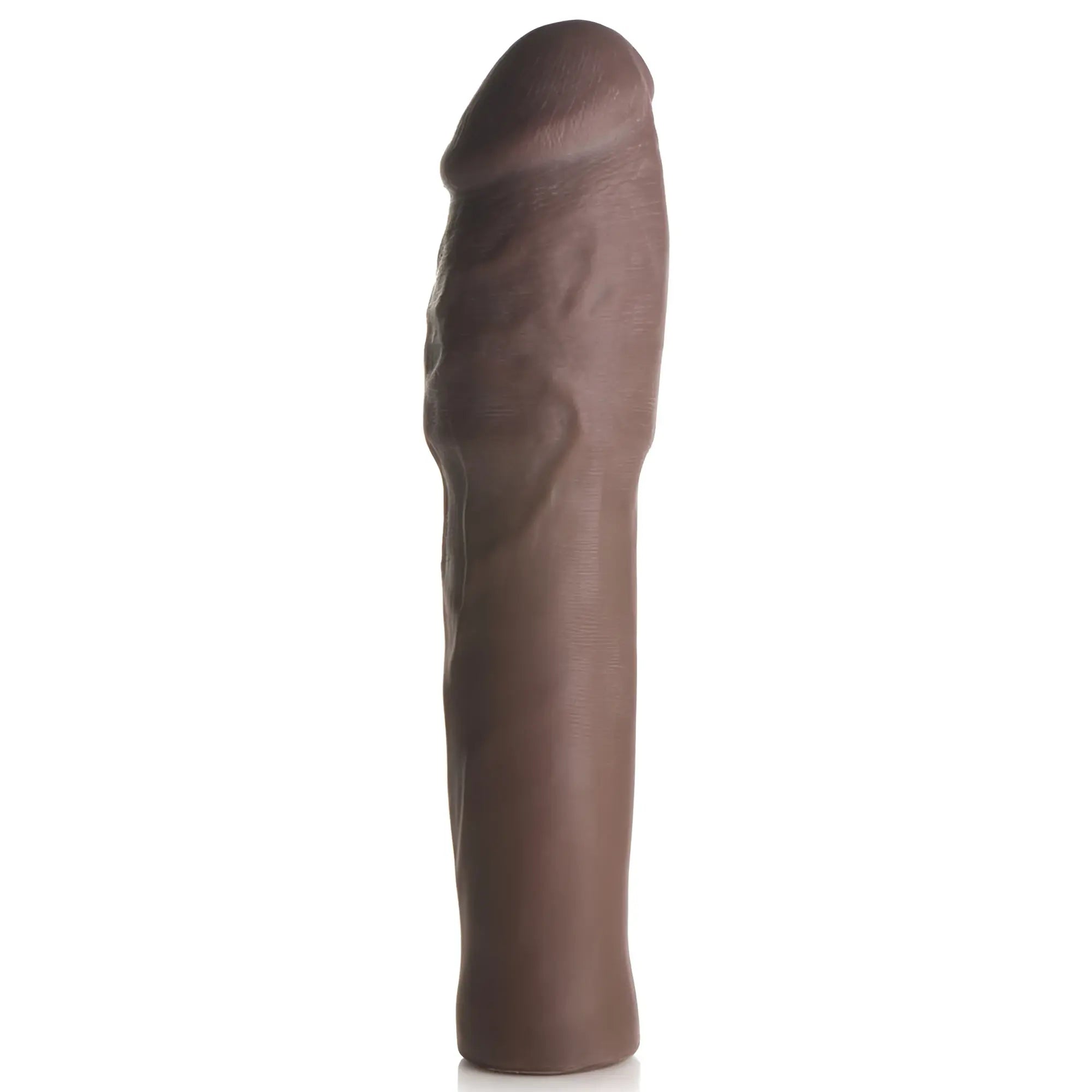 Curve Toys Extra Thick 2-Inch Penis Extension: A realistic, dark brown, textured silicone phallic sleeve on white.