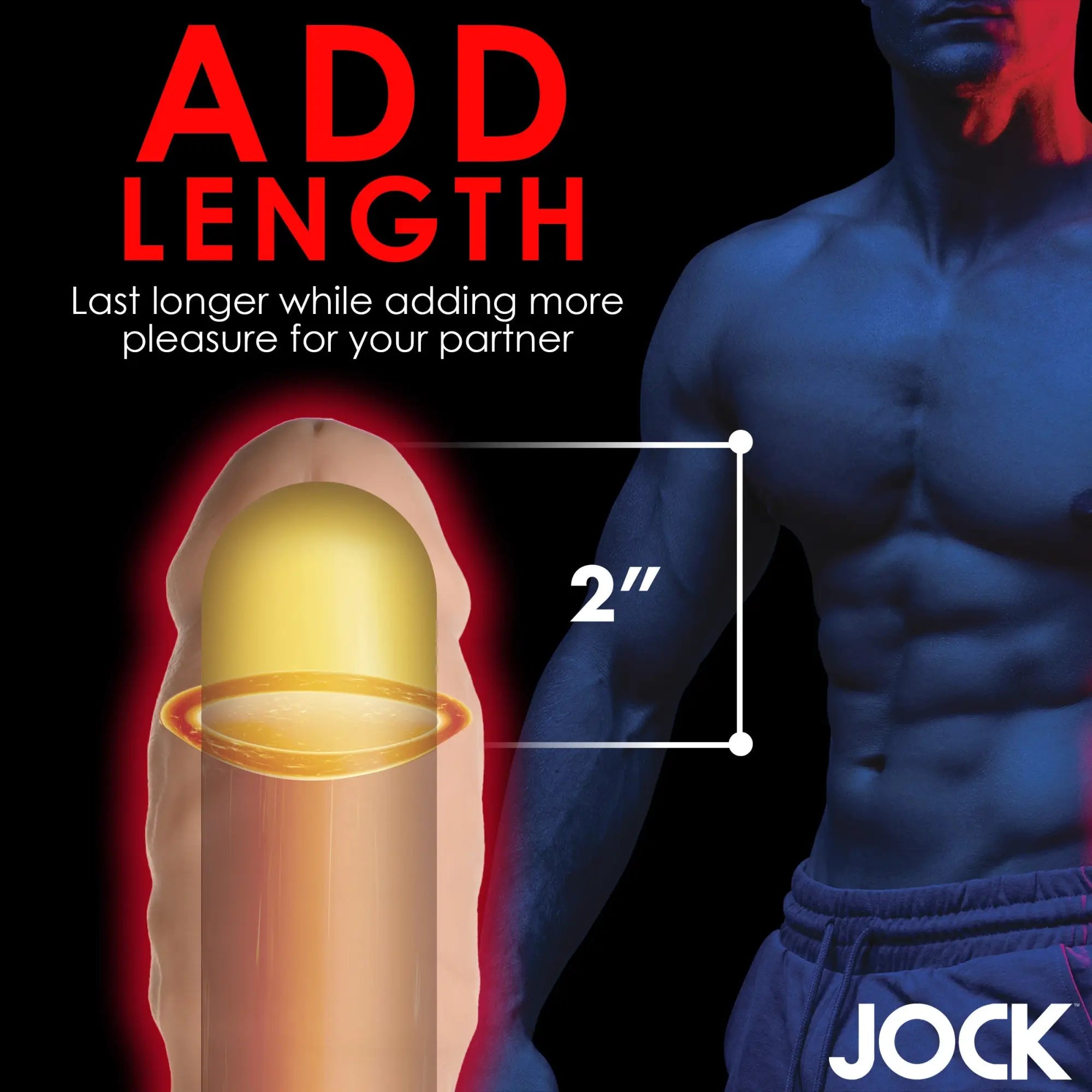 Curve Toys 2" Penis Extension: A flesh-toned, thick sleeve illustration shown next to a muscular man's torso.