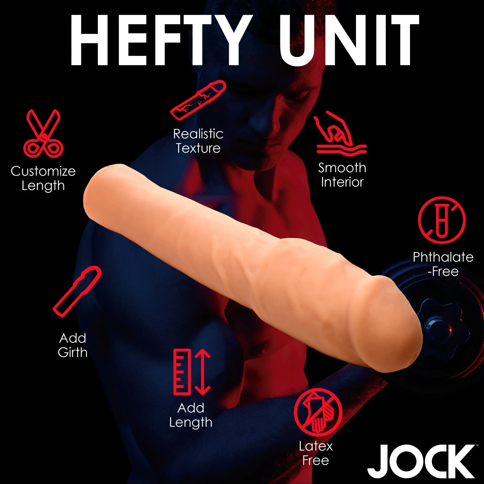 Curve Toys Extra Thick 2-inch Penis Extension in flesh tone, featured with informational icons on a black background.