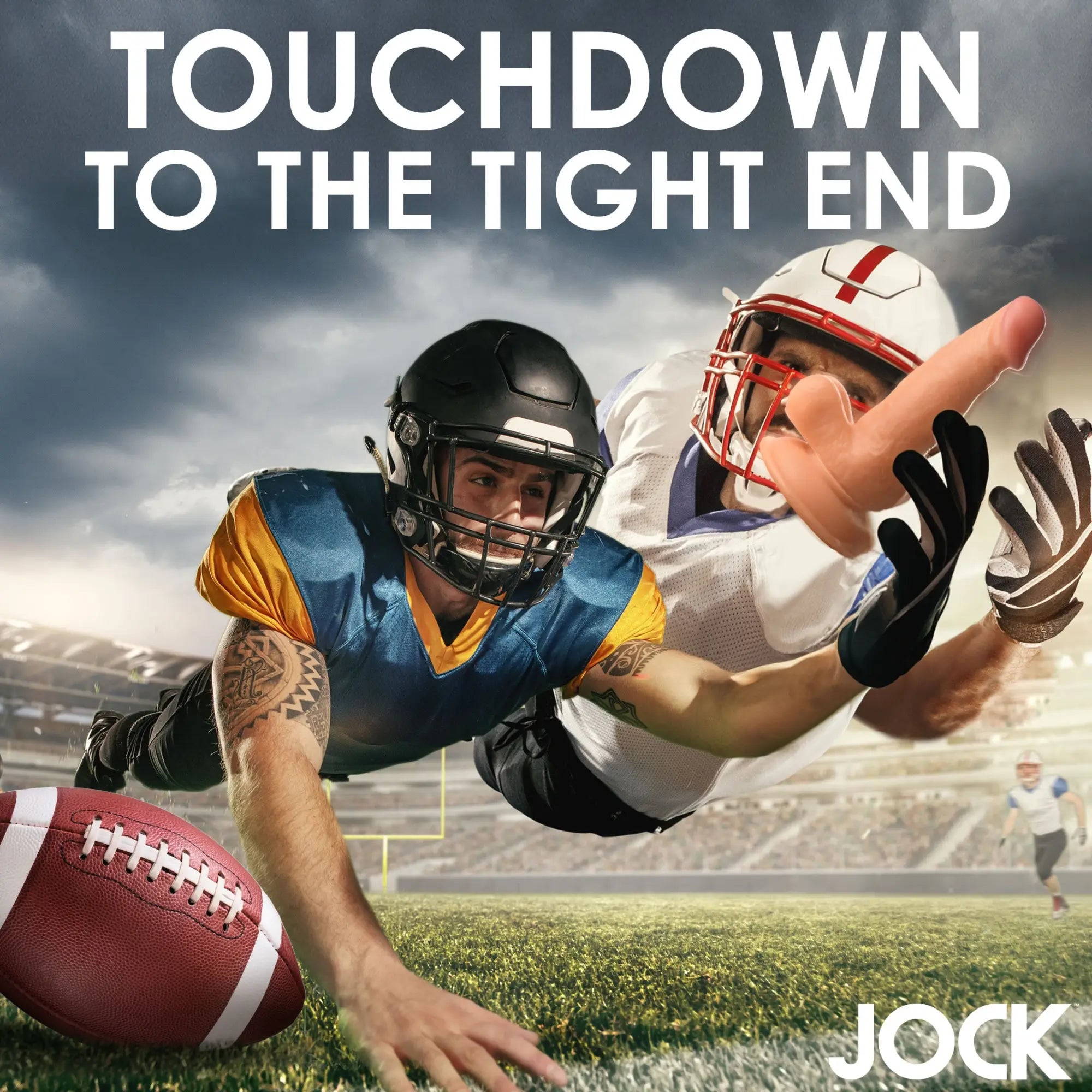 Curve Toys Football Frank 7-inch dildo, a skin-toned, textured phallic toy held by a football player on a field.