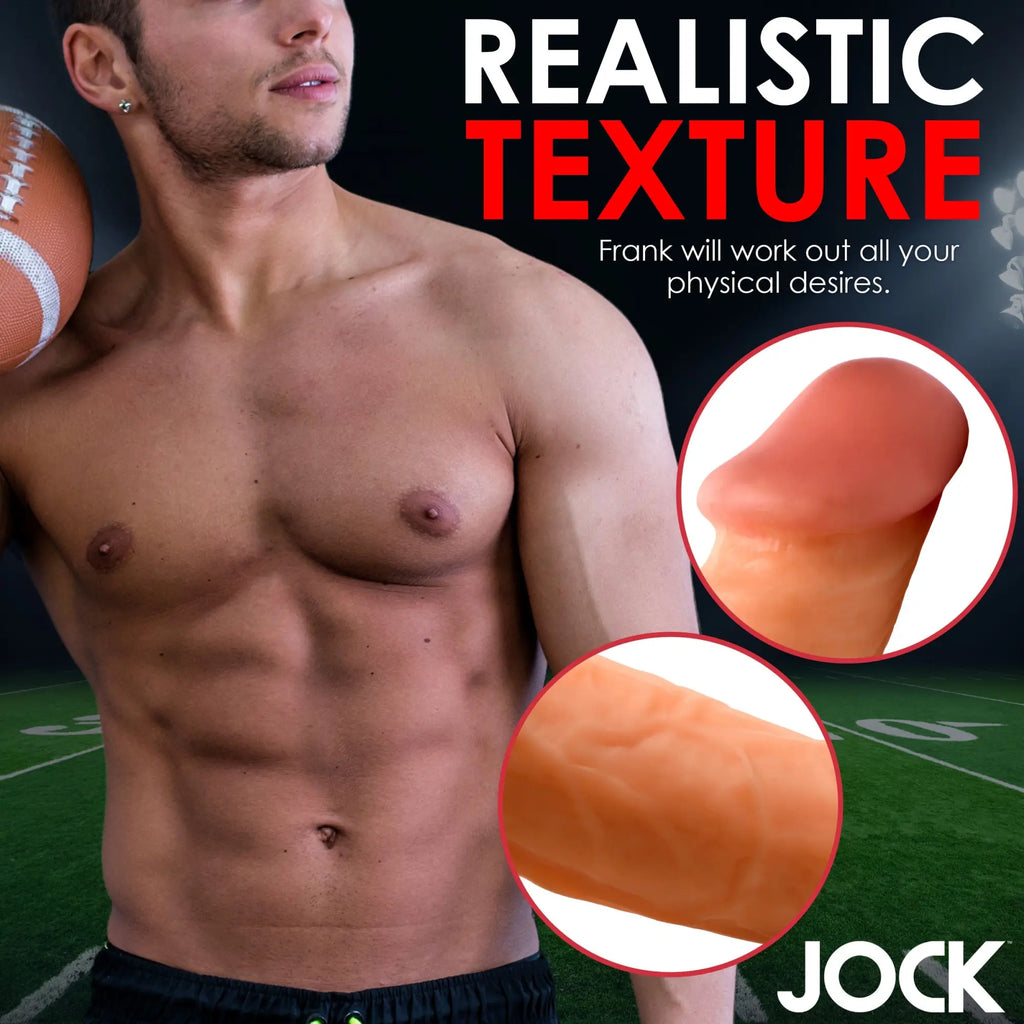 Curve Toys Football Frank 7-inch dildo: realistic flesh-toned shaft with detailed texture, shown in inset circles.