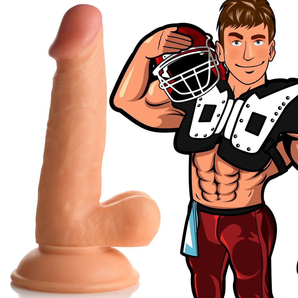 Curve Toys Football Frank 7-inch dildo in tan, next to an illustrated football player in gear.