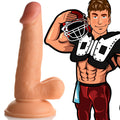 Curve Toys Football Frank 7-inch dildo in tan, next to an illustrated football player in gear.
