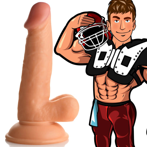 Curve Toys Football Frank 7-inch dildo in tan, next to an illustrated football player in gear.