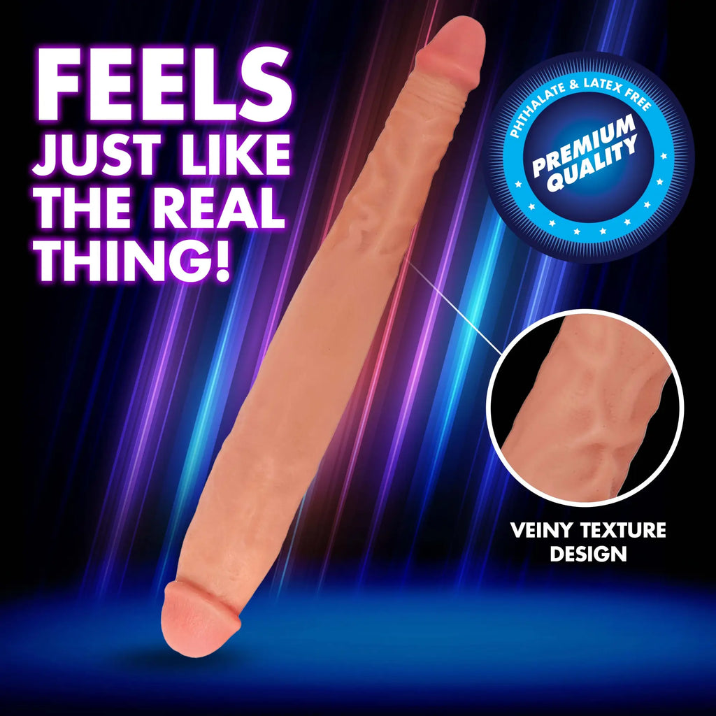 Curve Toys JOCK 13-inch tapered, flesh-colored double-ended dildo featuring a realistic, veiny textured design.