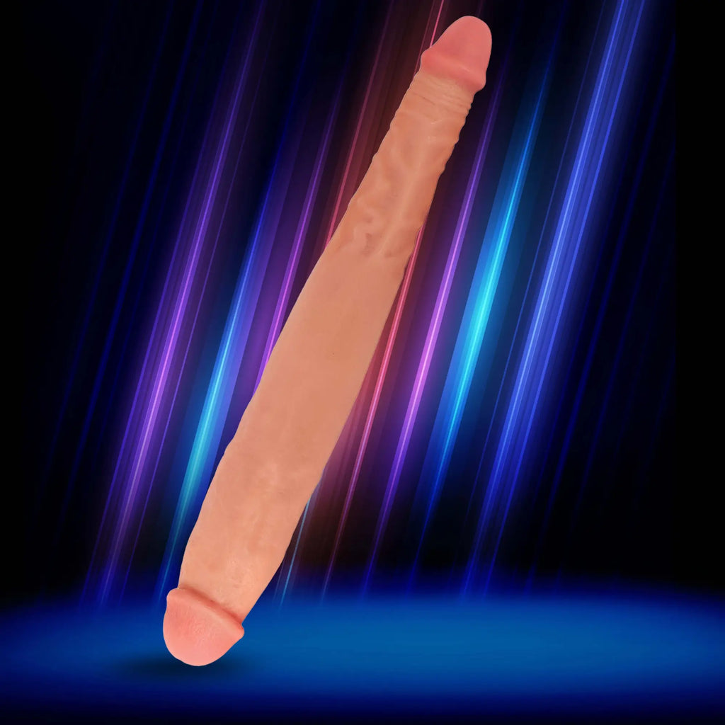 Curve Toys JOCK 13-inch tapered, flesh-toned double dildo with realistic texture, set against a neon-lit background.