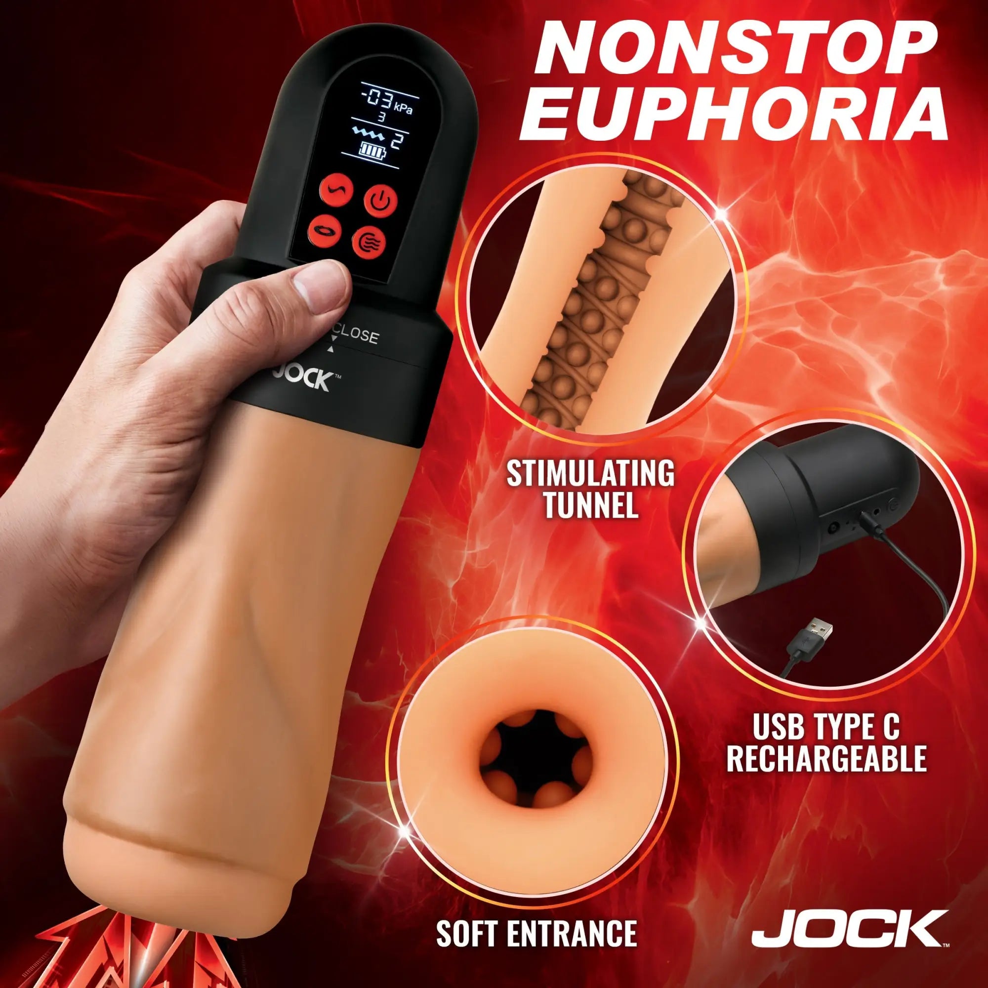 Curve Toys JOCK Advanced Mega Suck masturbator in black and tan with digital display, textured tunnel, and USB charging.