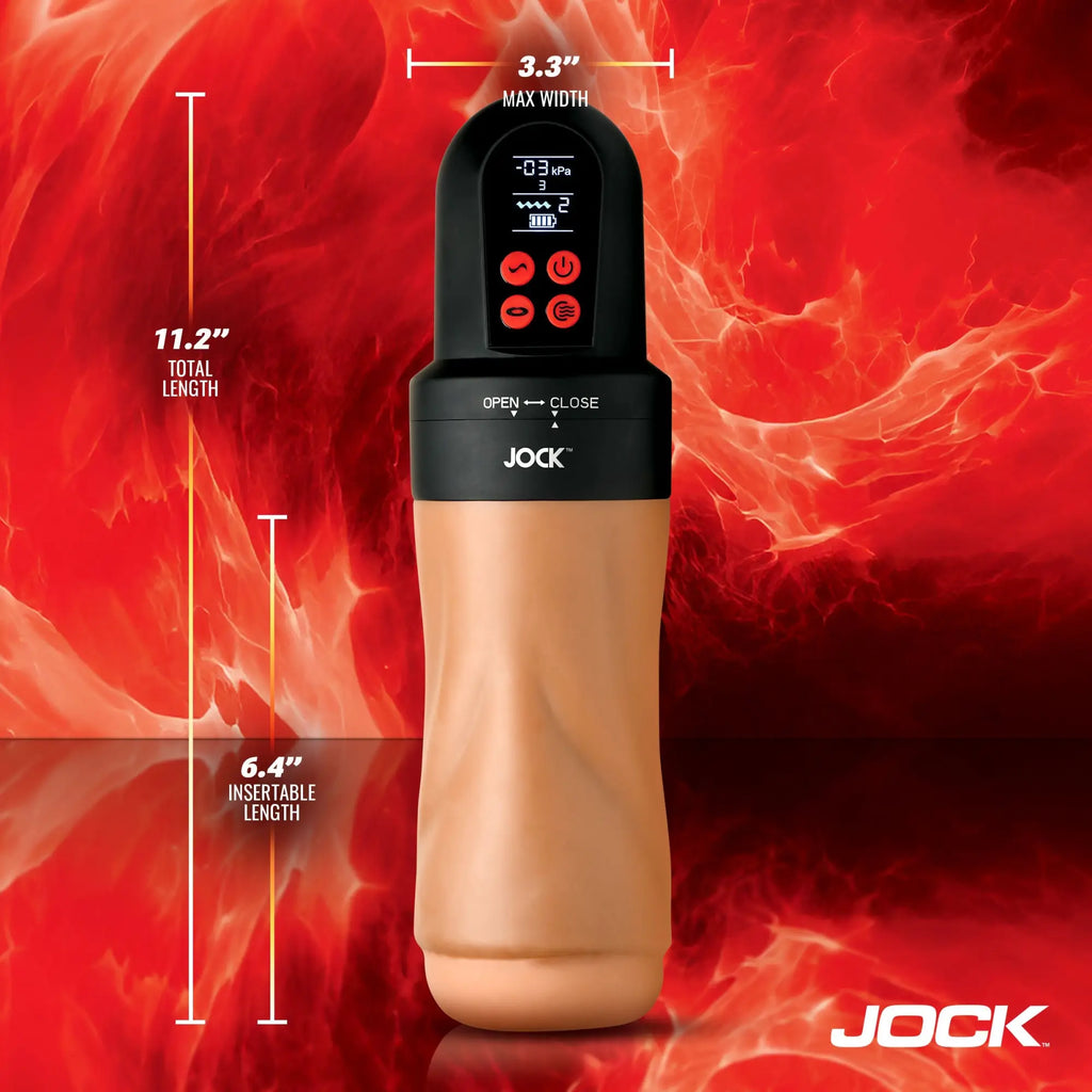 Curve Toys JOCK Advanced Mega Suck masturbator in tan and black with digital display and length measurement overlays.