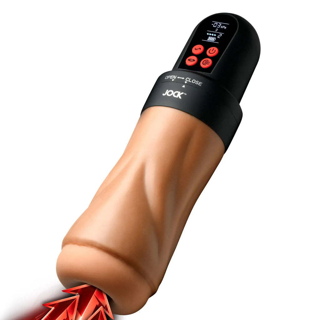 Curve Toys JOCK Advanced Mega masturbator with a tan textured sleeve, black base, digital display, and control buttons.