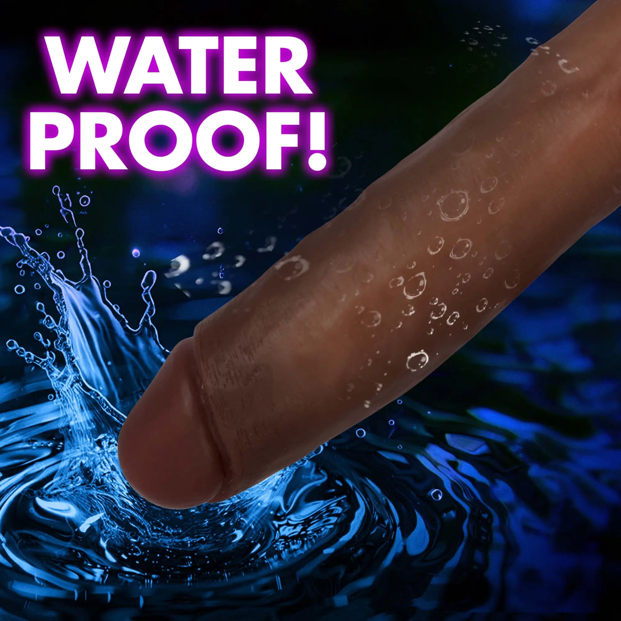 Curve Toys Jock dark brown vibrating dildo splashing in blue water with the text "WATER PROOF!" overlaid.