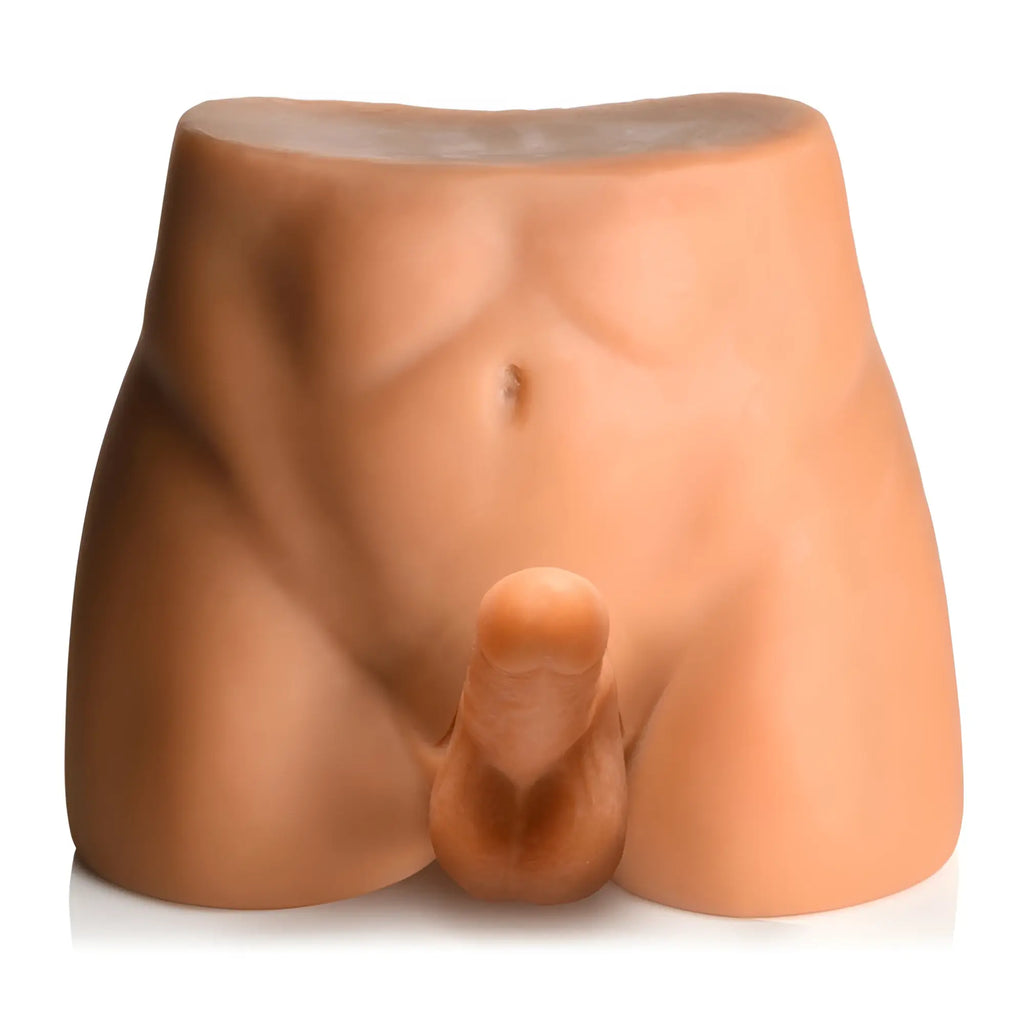 Curve Toys JOCK male masturbator: a tan, realistic silicone lower torso with a sculpted dildo feature on a white background.