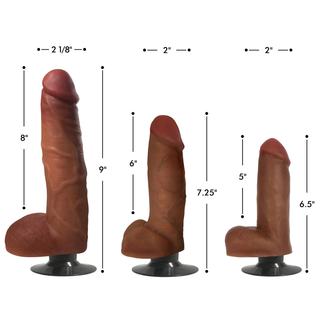 Three sizes of the brown Curve Toys Jock vibrating dildo with balls, shown with measurements and suction cup bases.