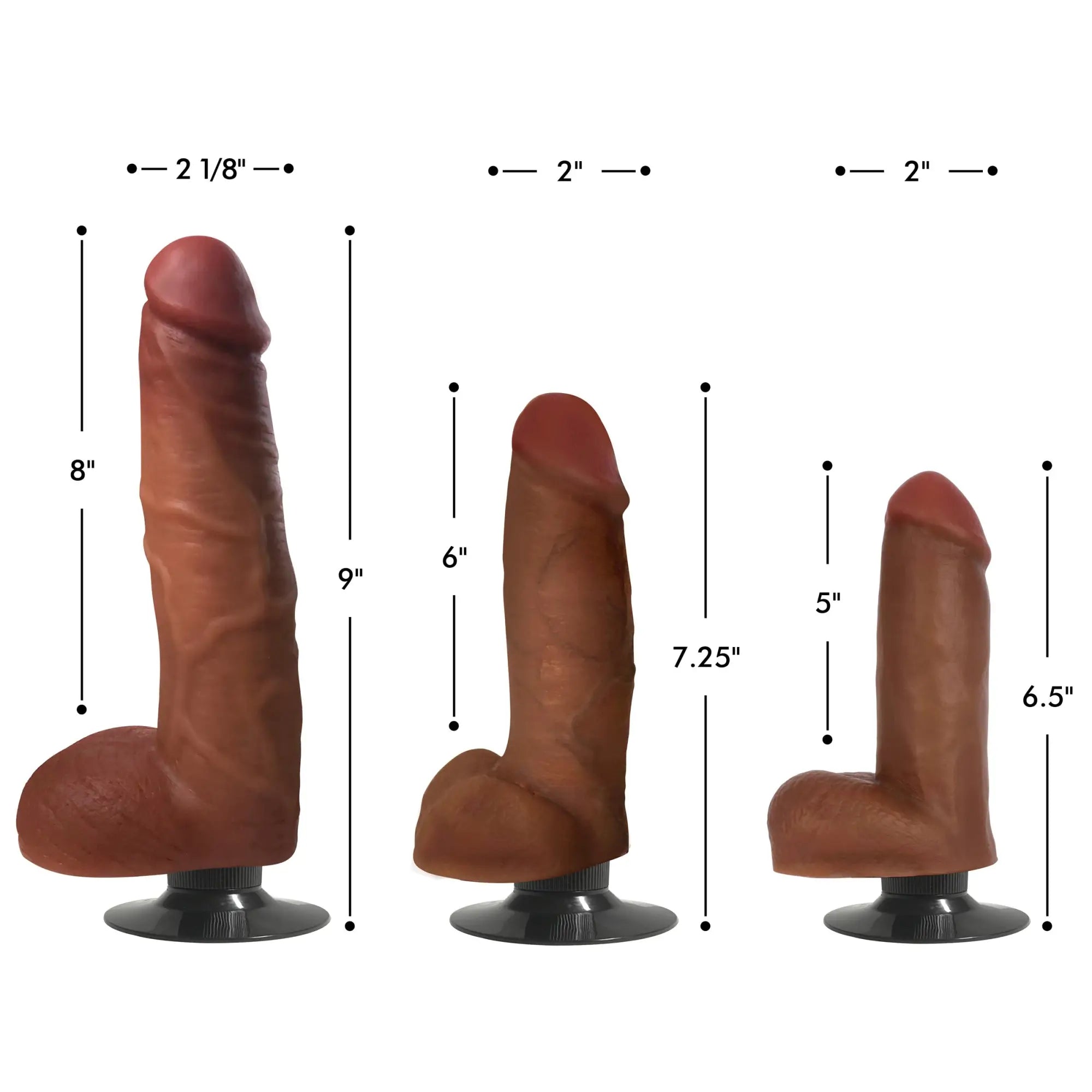 Three sizes of the brown Curve Toys Jock vibrating dildo with balls, shown with measurements and suction cup bases.