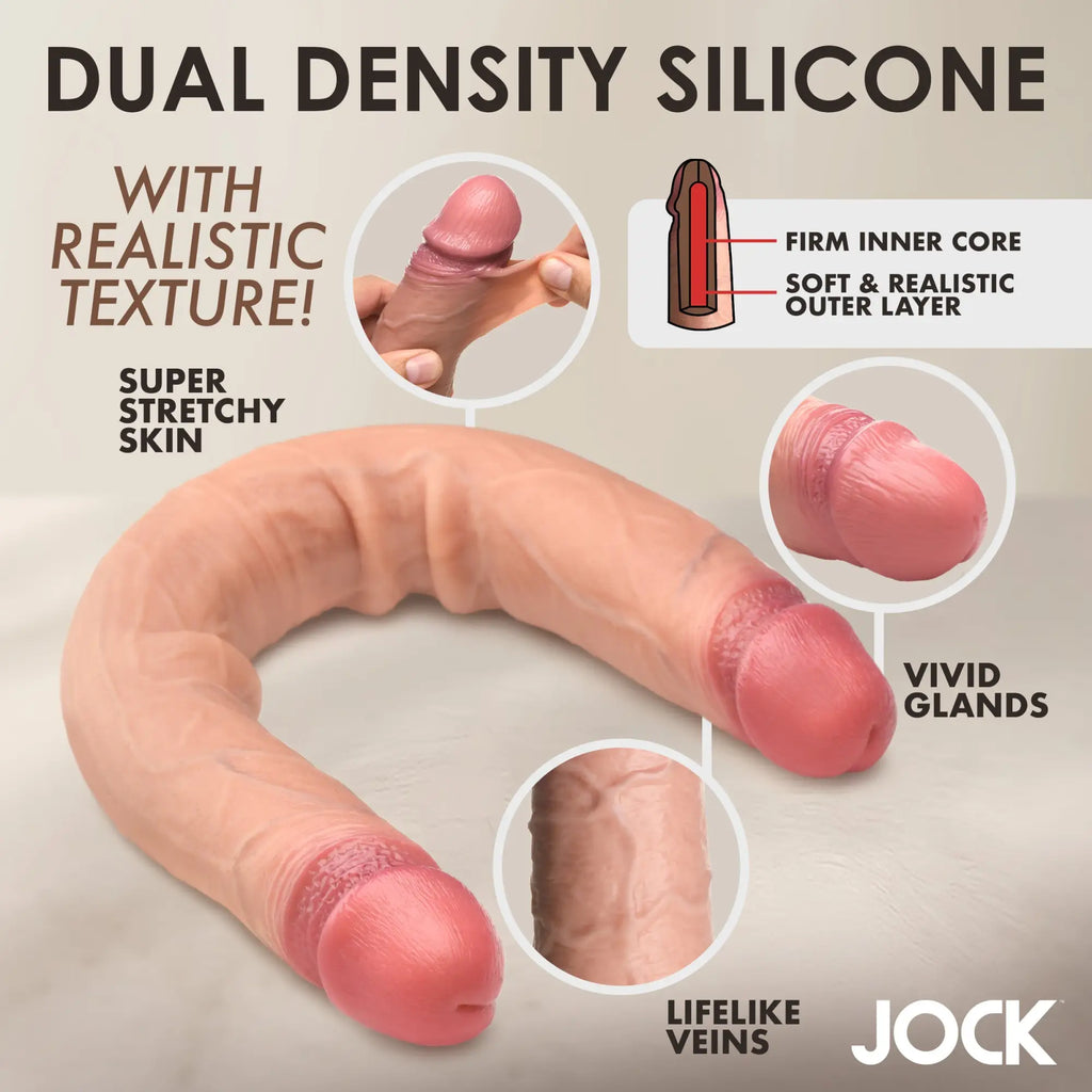 Curve Toys JOCK Real Skin 15.75" double dildo in beige silicone with realistic veins, texture, and dual-density build.