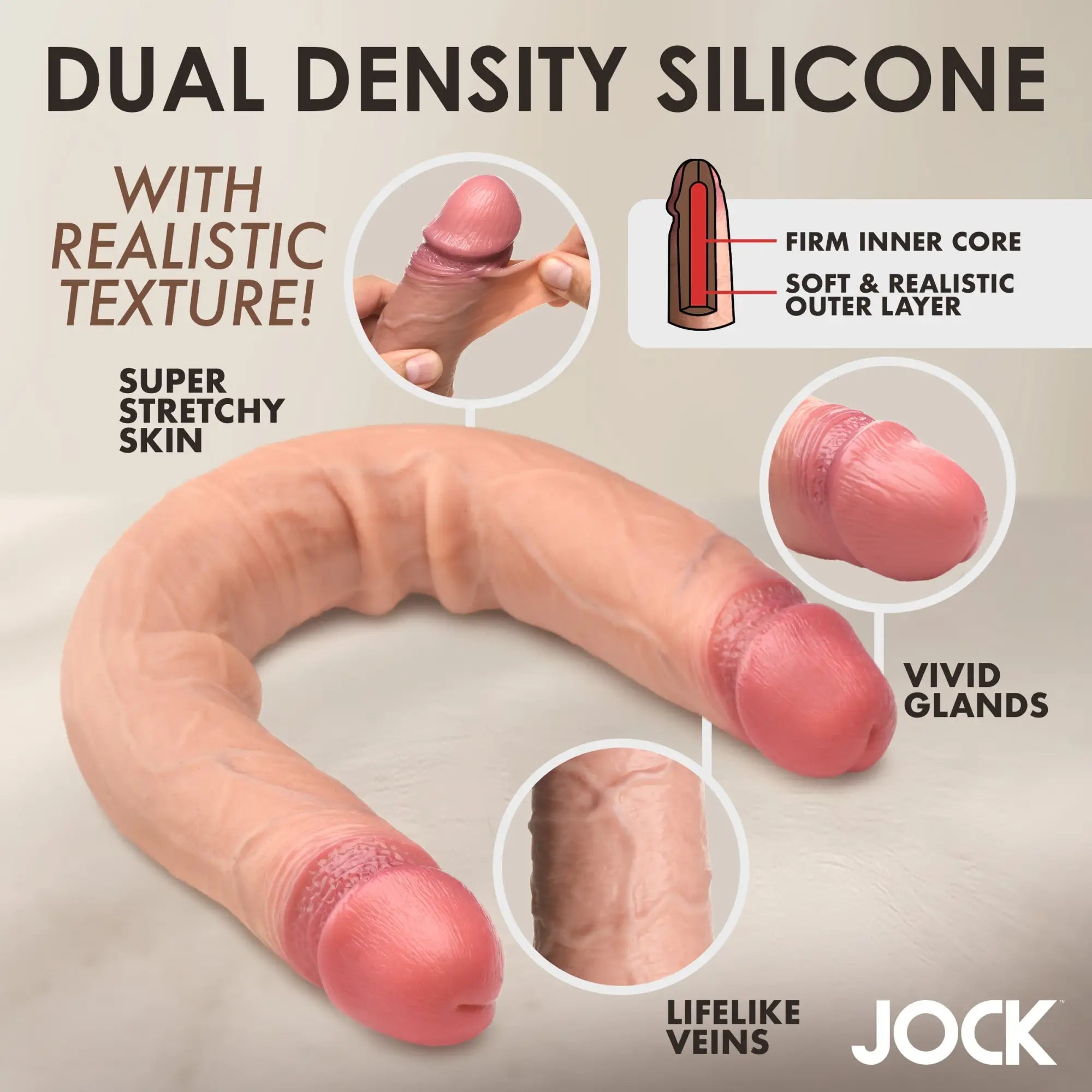Curve Toys JOCK Real Skin 15.75" double dildo in beige silicone with realistic veins, texture, and dual-density build.