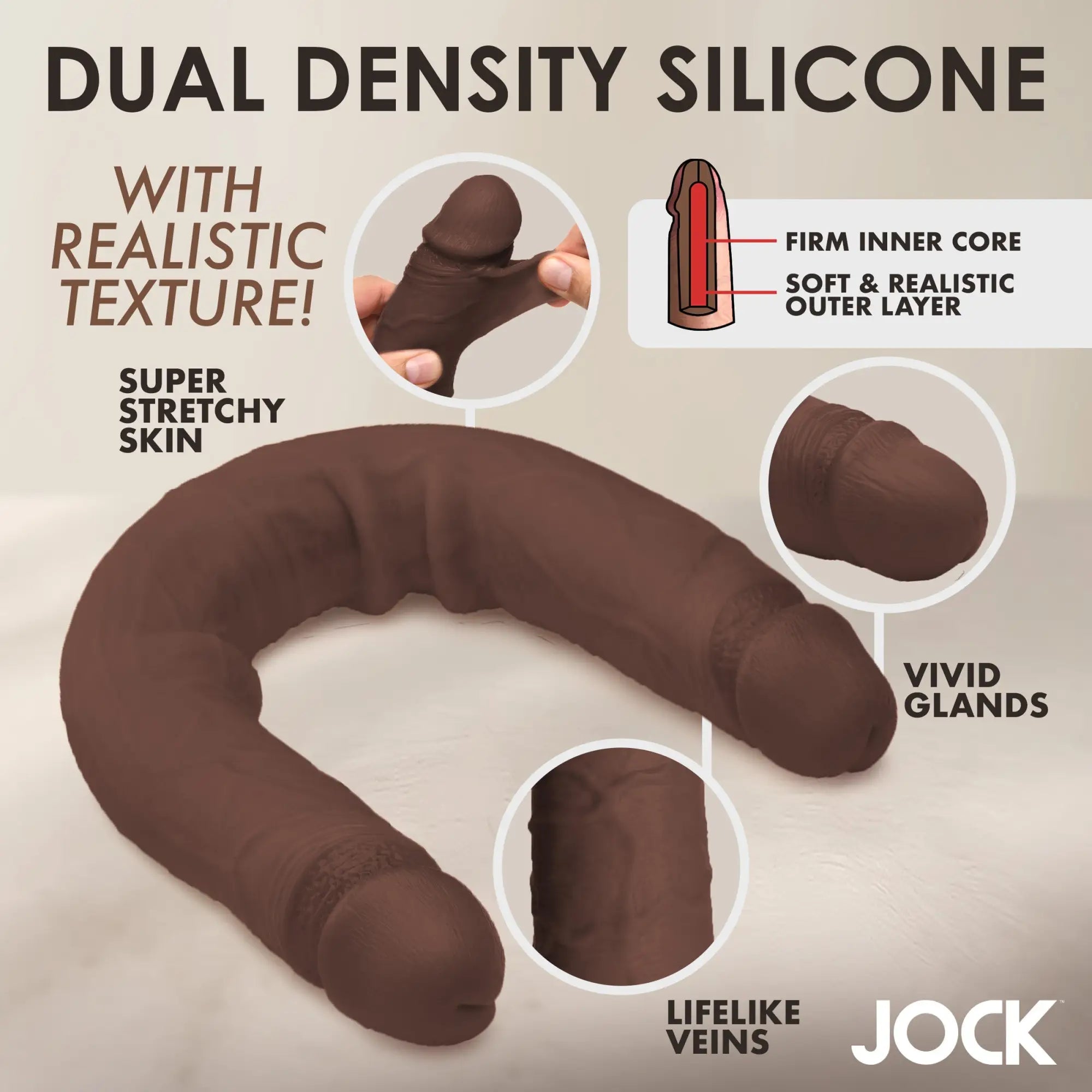 Curve Toys JOCK Real Skin 17.75" brown dual-density dildo with realistic texture, firm core, and lifelike details.