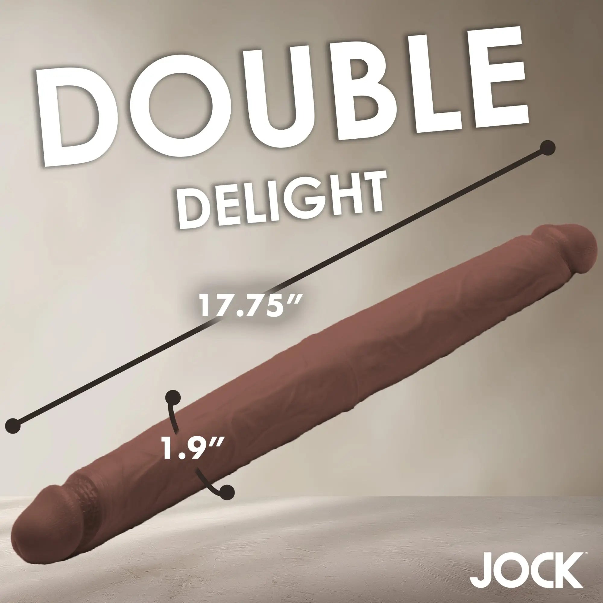 Curve Toys JOCK Real Skin 17.75" brown double-ended realistic dildo with labeled length and 1.9" diameter measurements.