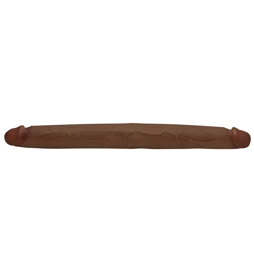 Curve Toys JOCK Real Skin 17.75" double-ended dildo in brown with realistic skin-like texture and detailed tips.