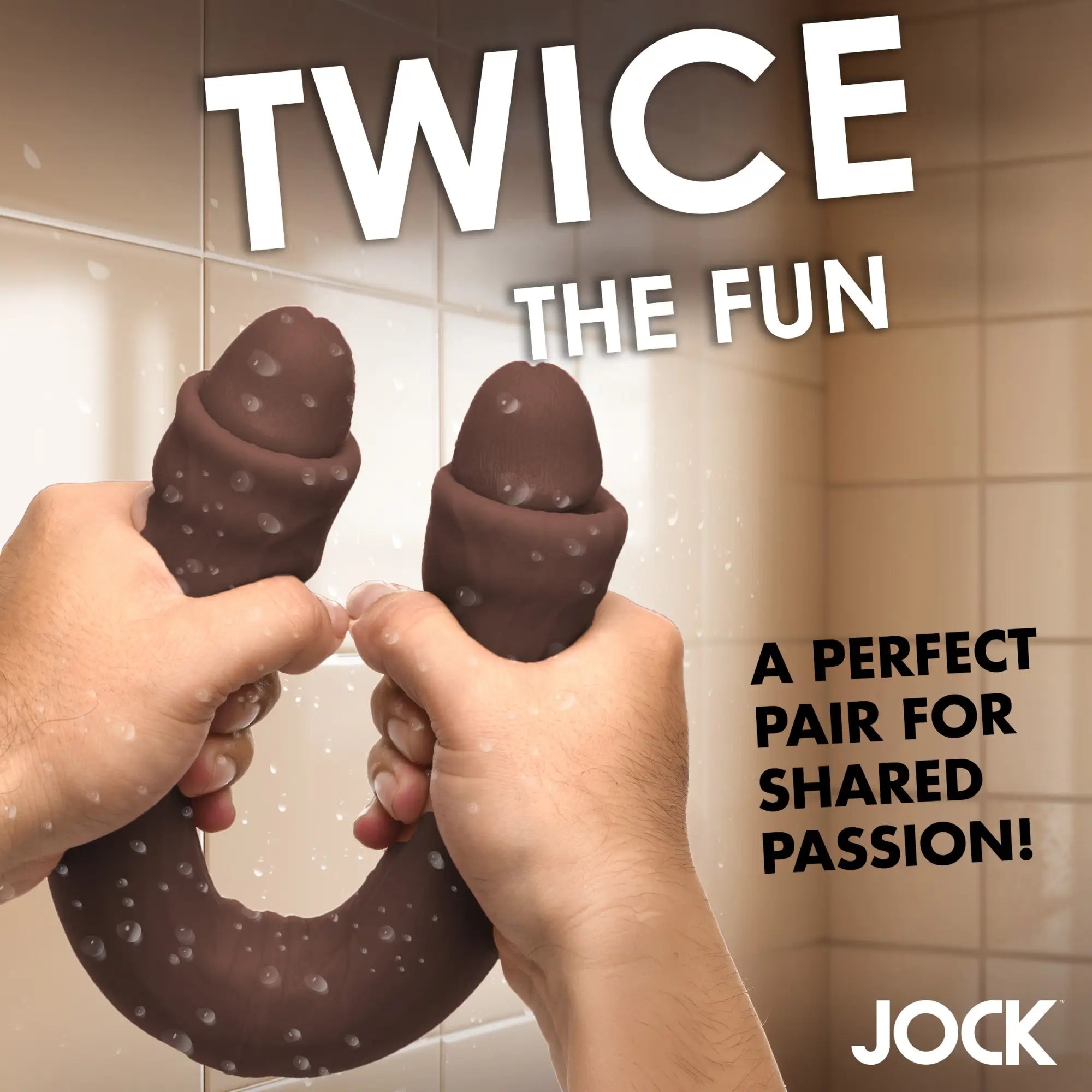Curve Toys JOCK Real Skin 17.75" brown double-ended dildo being held by hands in a tiled shower.