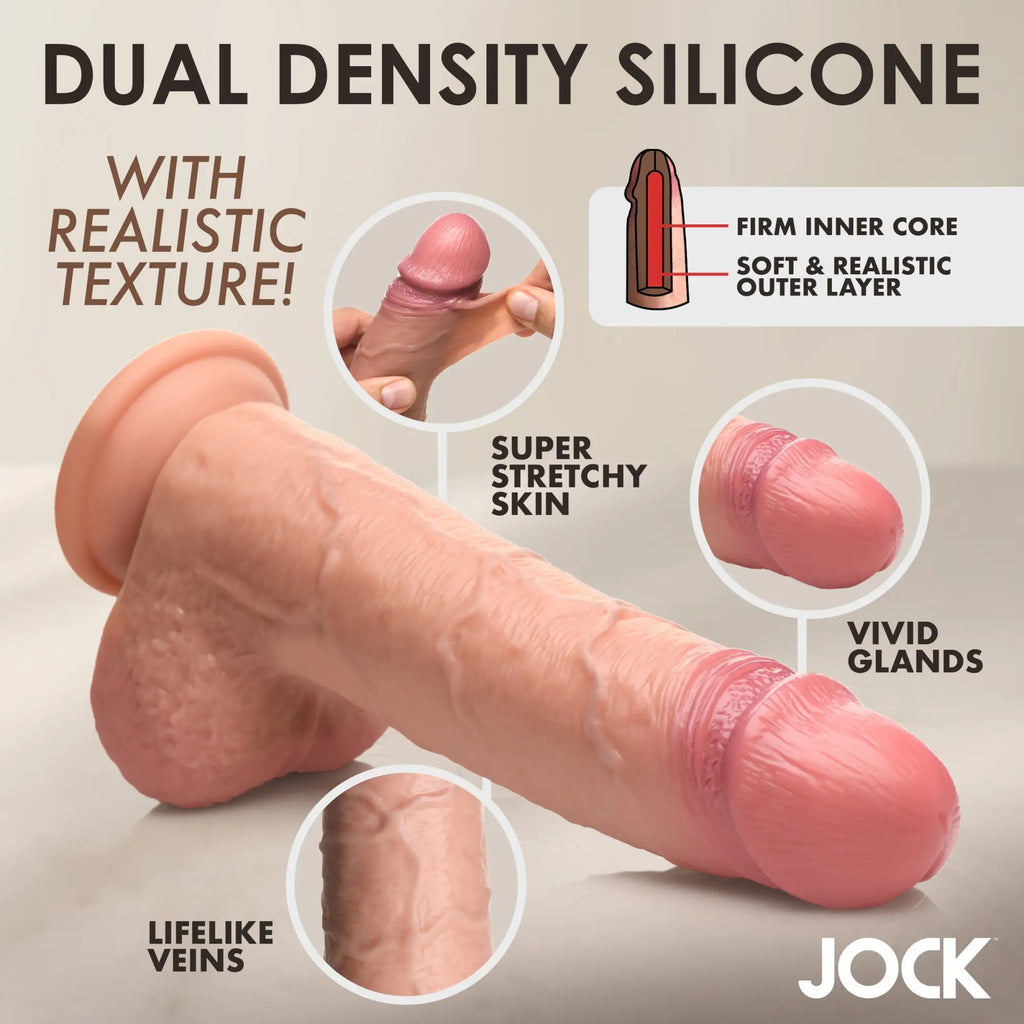 Curve Toys JOCK dual-density silicone dildo with balls, featuring realistic skin texture, veins, and firm inner core.