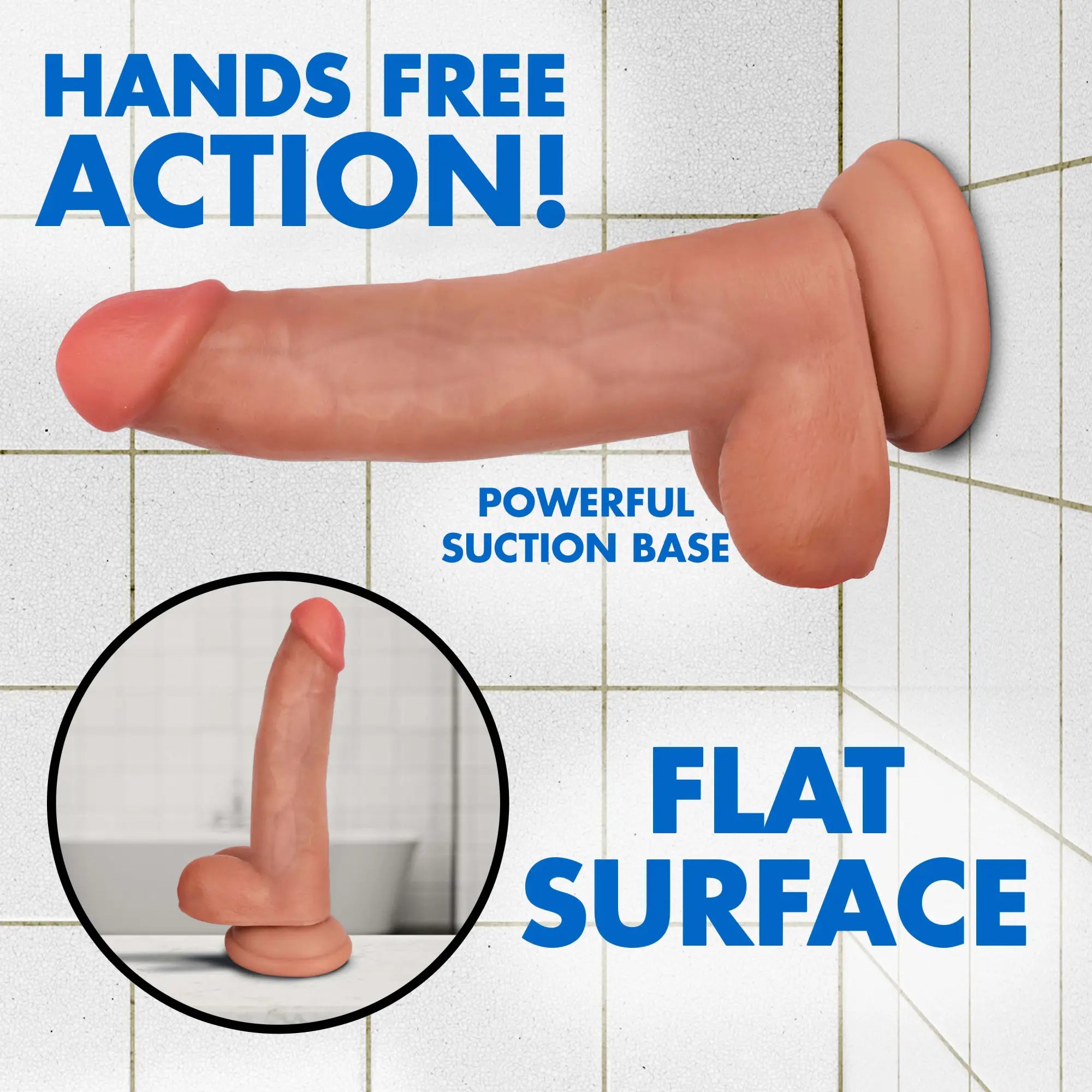 Curve Toys Light Bareskin dildo with balls and suction base, shown attached to a tiled wall and standing upright.
