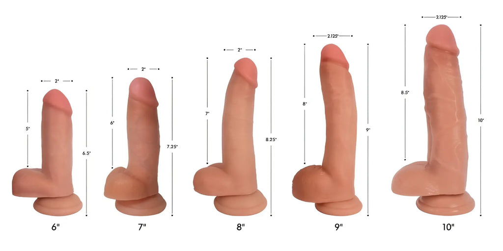 Five Curve Toys Light Bareskin Dildos with balls, shown in varied sizes from 6 to 10 inches with measurement labels.