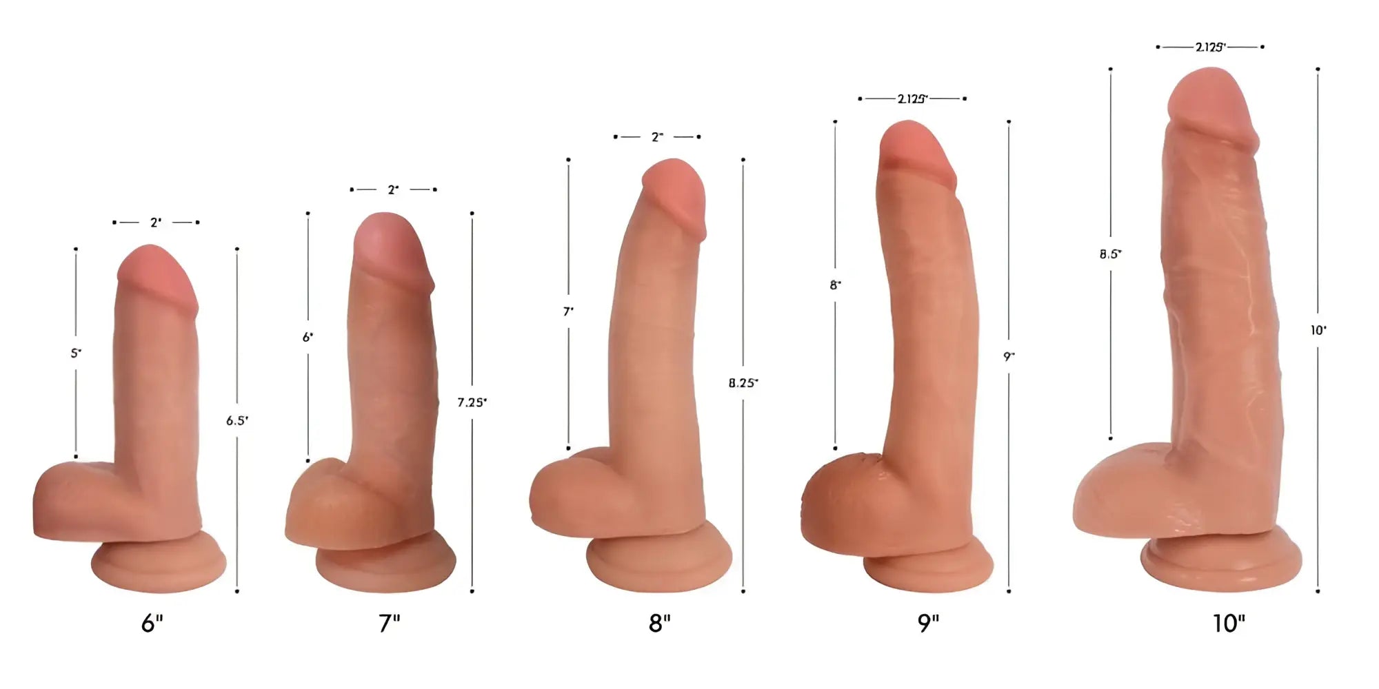 Five Curve Toys Light Bareskin Dildos with balls, shown in varied sizes from 6 to 10 inches with measurement labels.