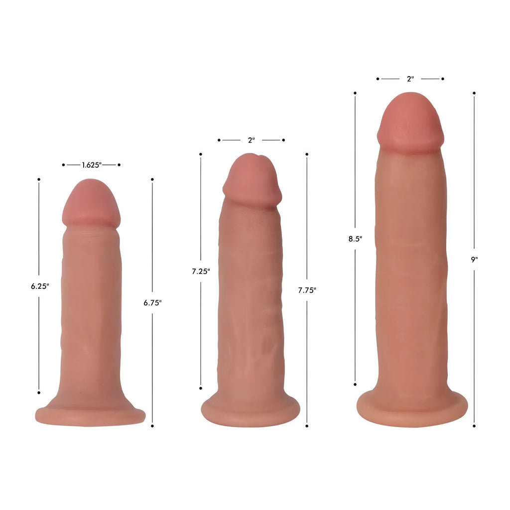 Curve Toys Light Bareskin Dildo in three sizes, featuring realistic tan silicone, textured details, and measurement lines.