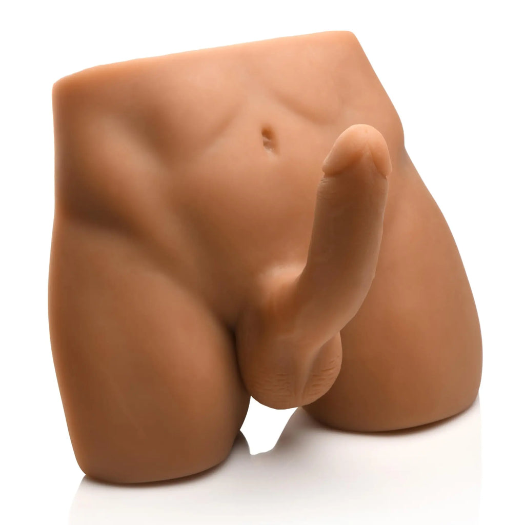 Curve Toys Male Ass Masturbator with a realistic, skin-toned, posable silicone dildo torso on a white background.