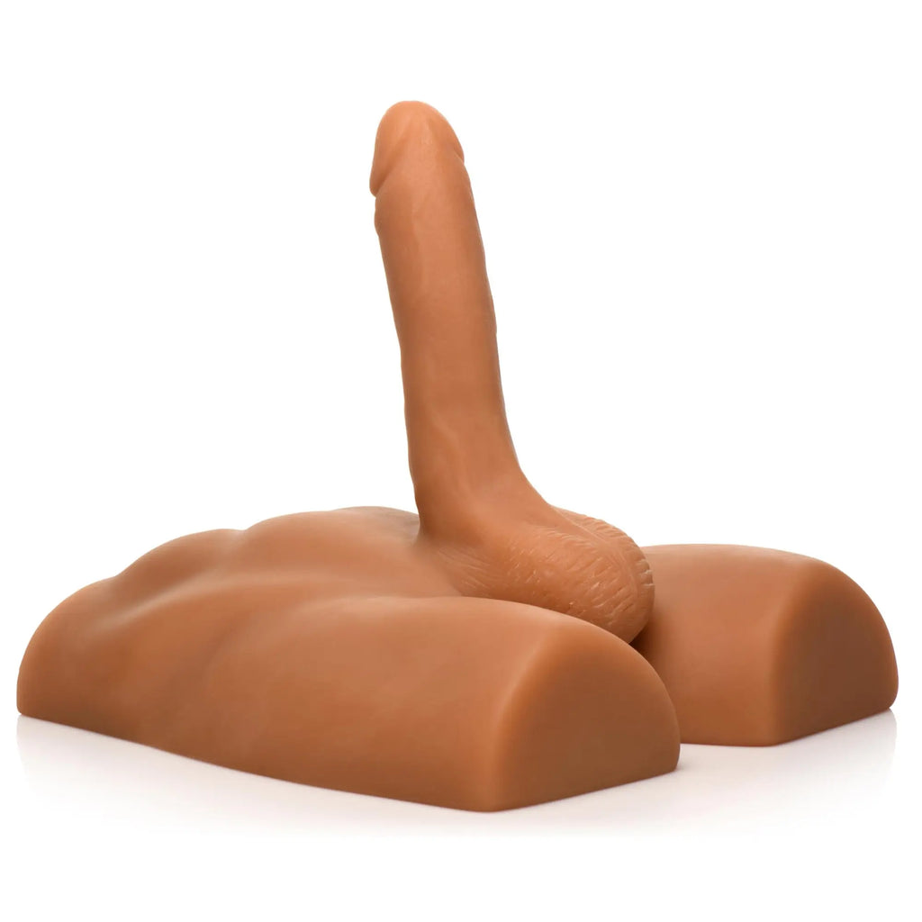 Curve Toys tan silicone male ass masturbator featuring a realistic, posable vertical dildo on a contoured base.