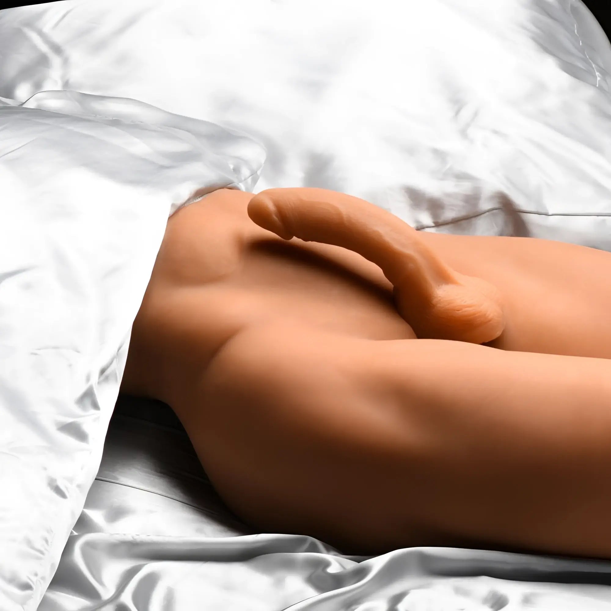 Curve Toys Male Sex Partner: A realistic skin-toned silicone thrusting dildo on a satin sheet.