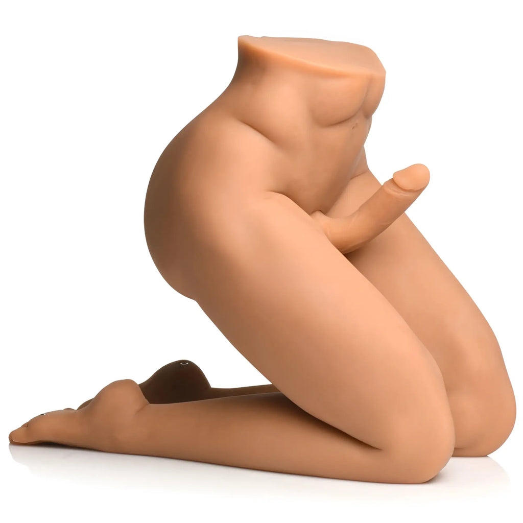 Curve Toys Male Sex Partner: A beige, kneeling lower-body torso mannequin with an integrated thrusting dildo.