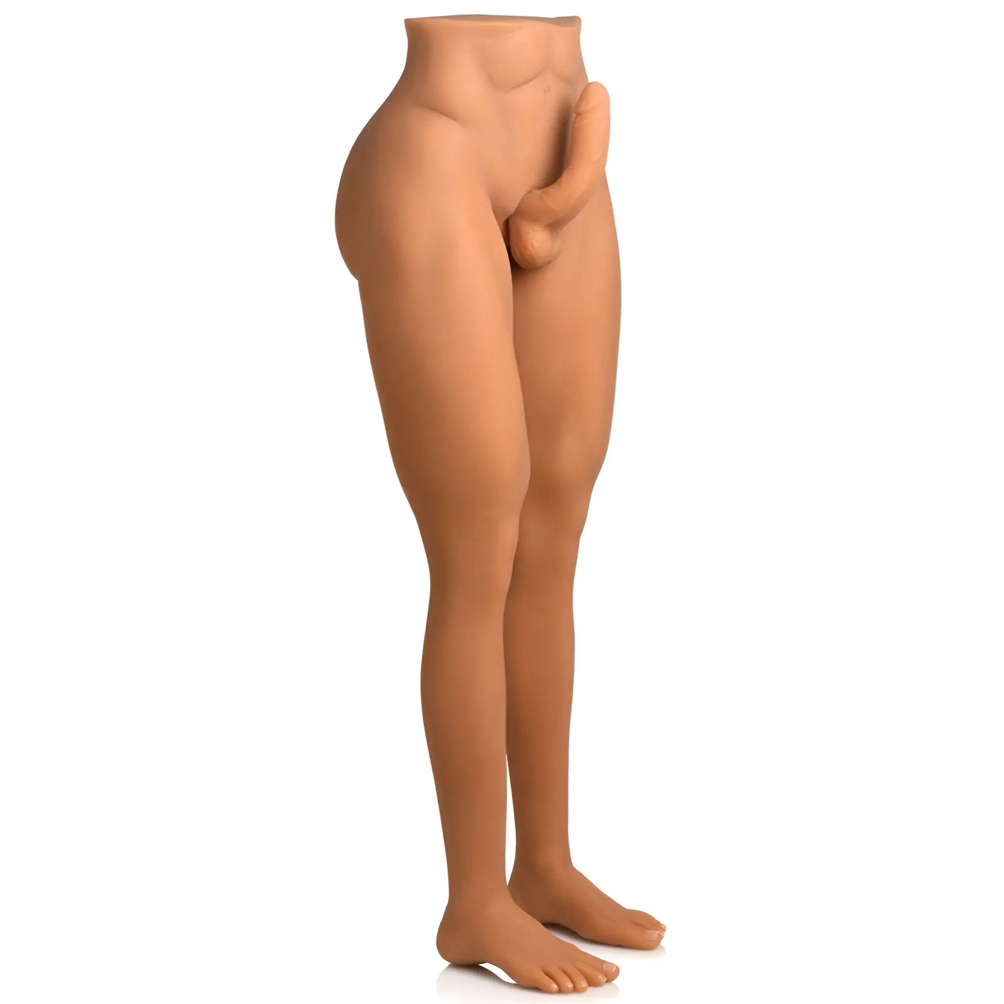Curve Toys Male Sex Partner: A tan, headless male lower-body mannequin with an erect dildo, isolated on white.
